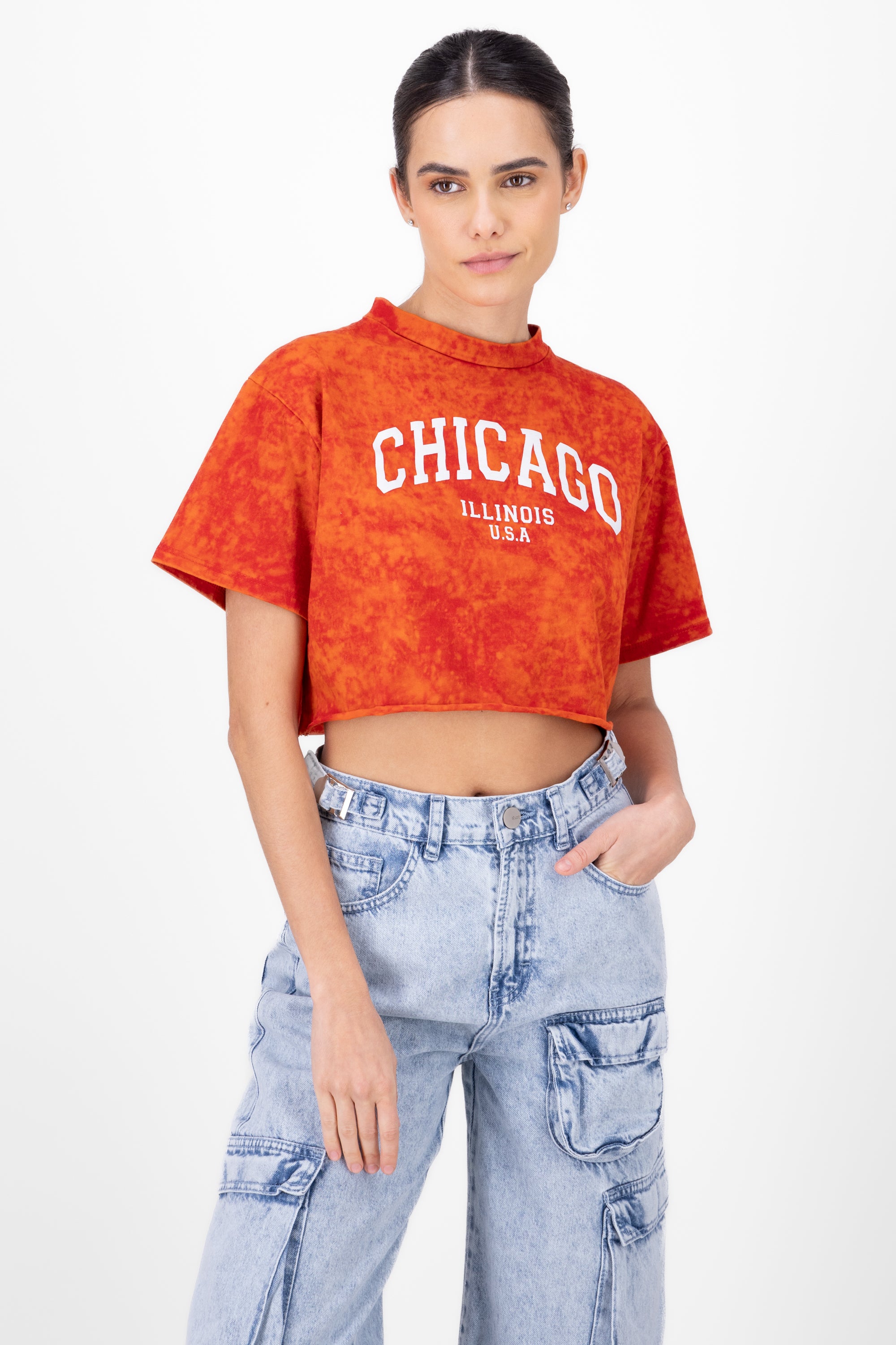 Crop Playera Acid Wash Chicago RED