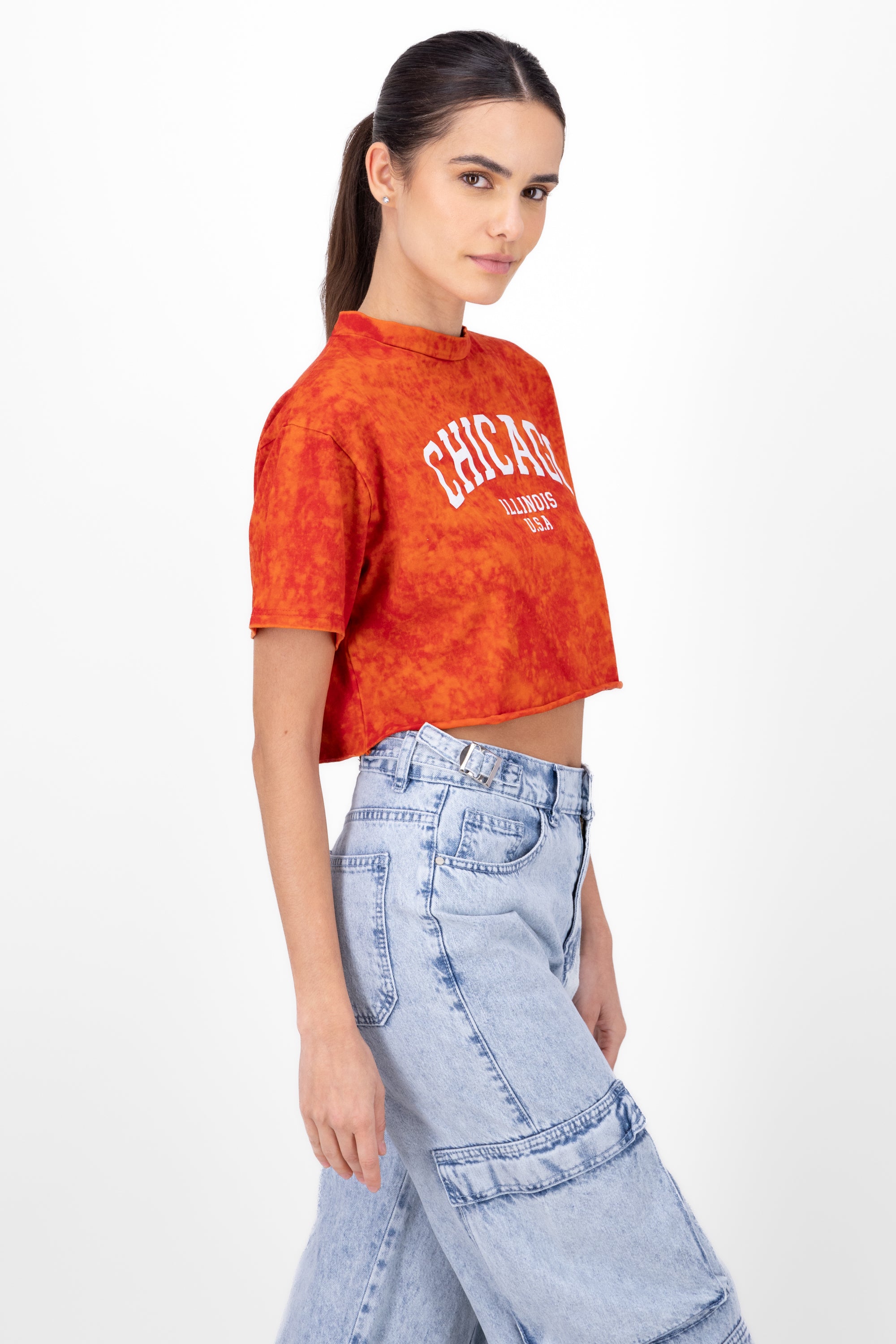 Crop Playera Acid Wash Chicago RED