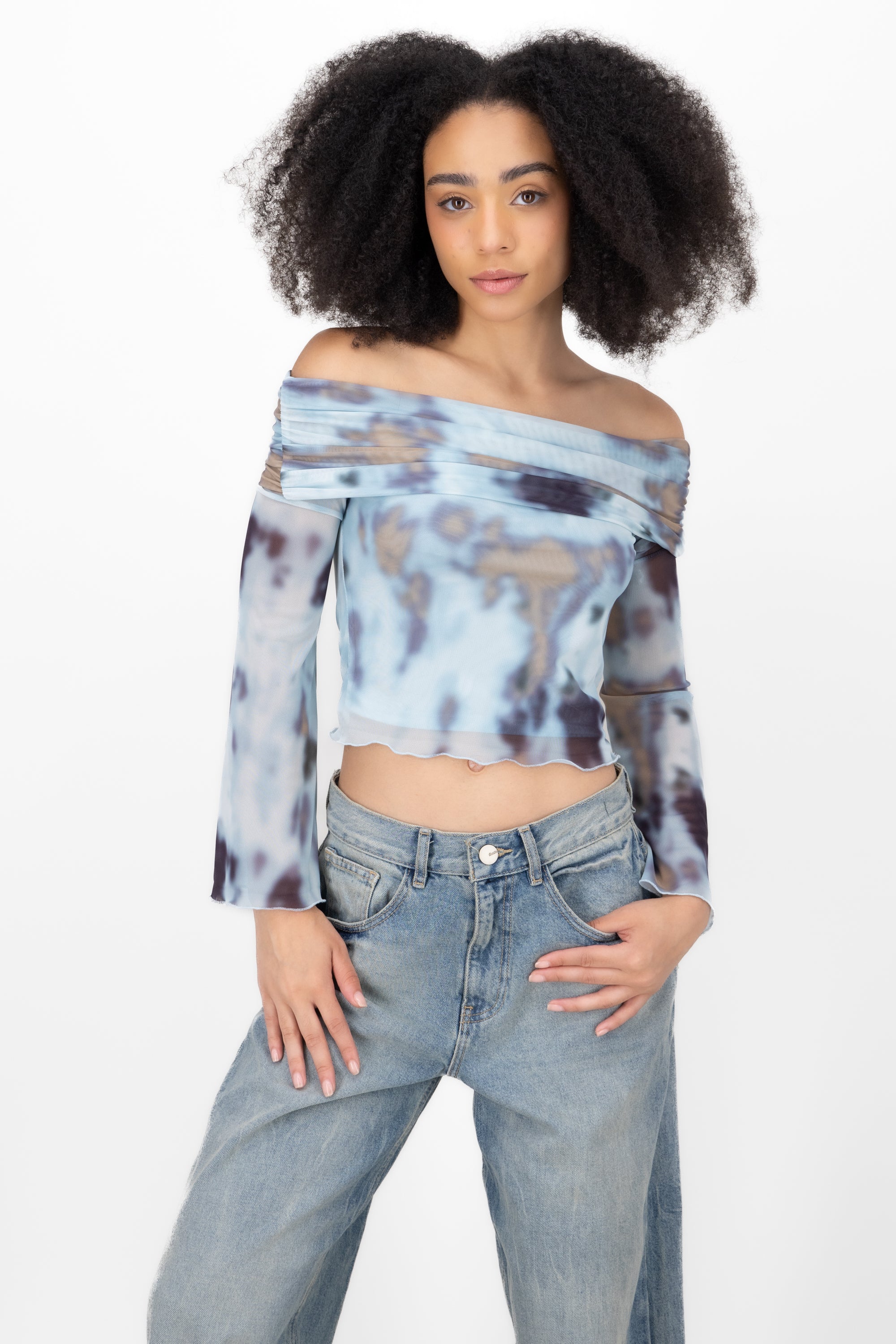 Off Shoulder Mesh Blouse Degraded Combo blue