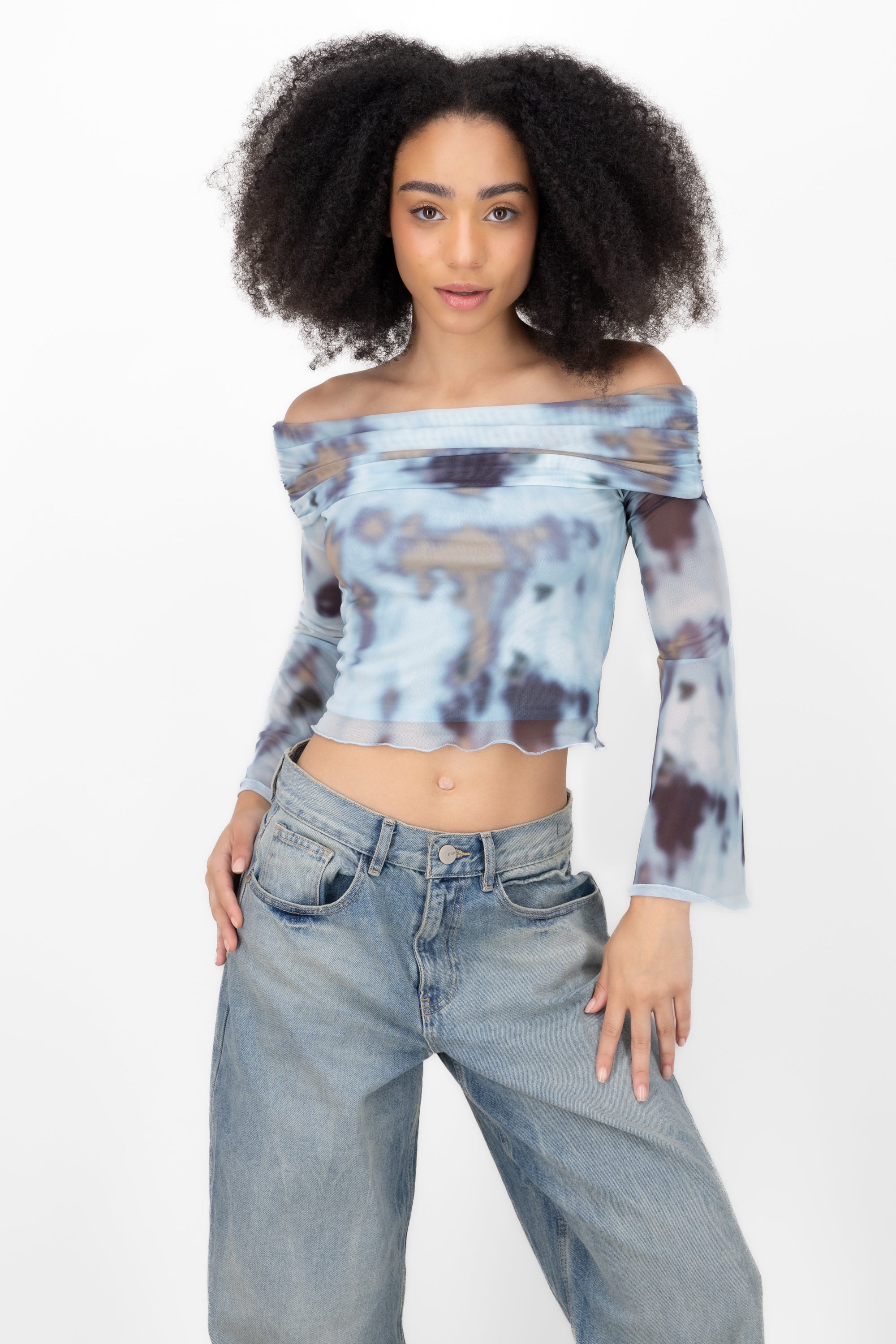 Off Shoulder Mesh Blouse Degraded Combo blue