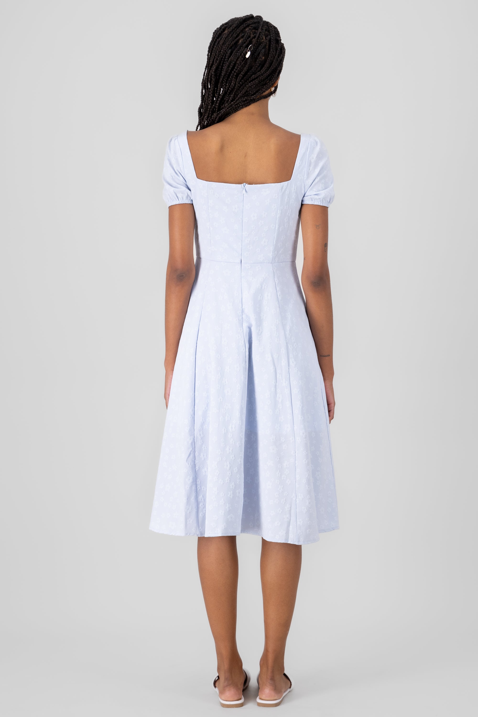 Vesido maxi escote plisado textura flores AZUL PASTEL