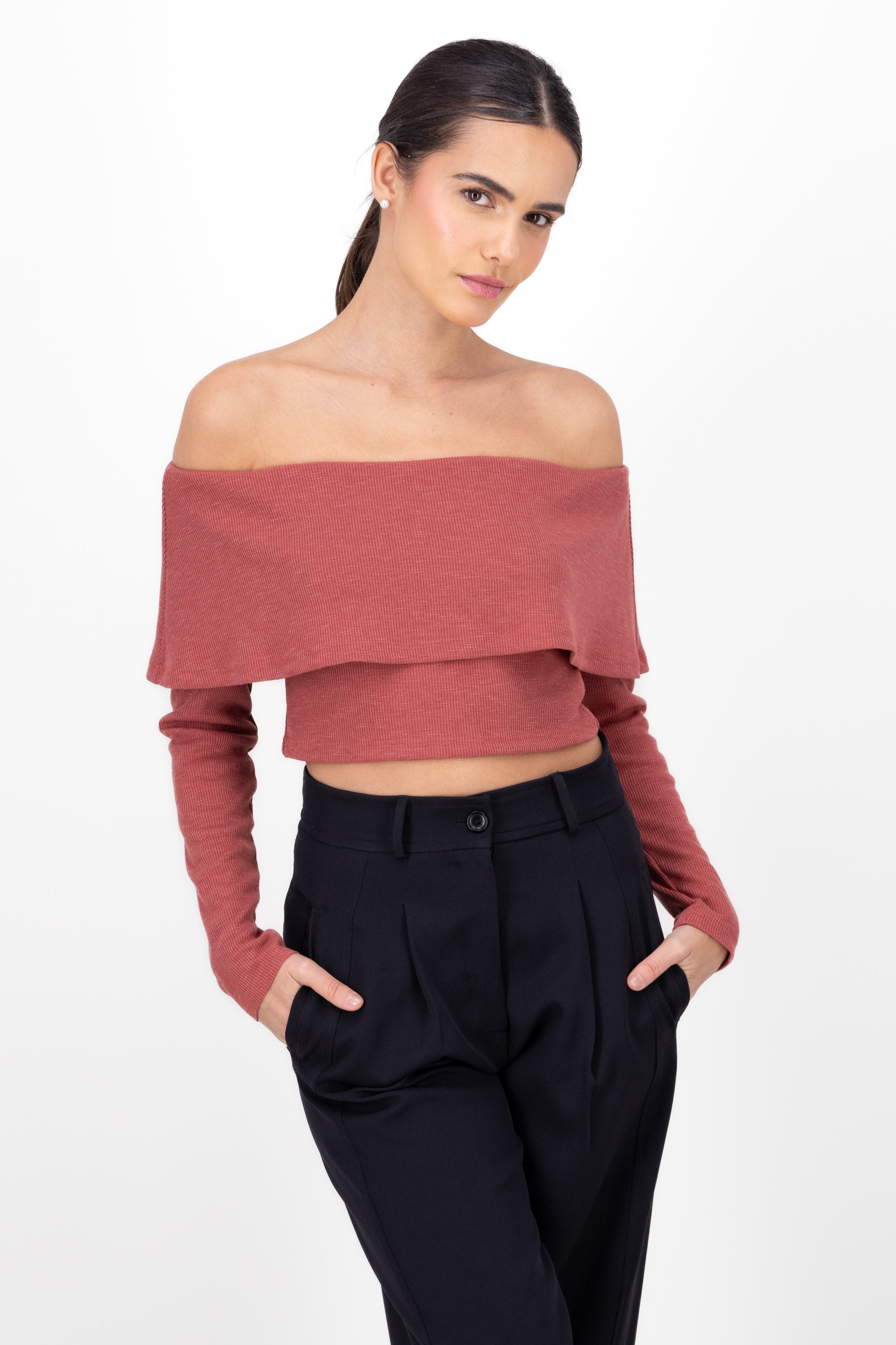 RIB OFF Shoulder blouse MALLOW