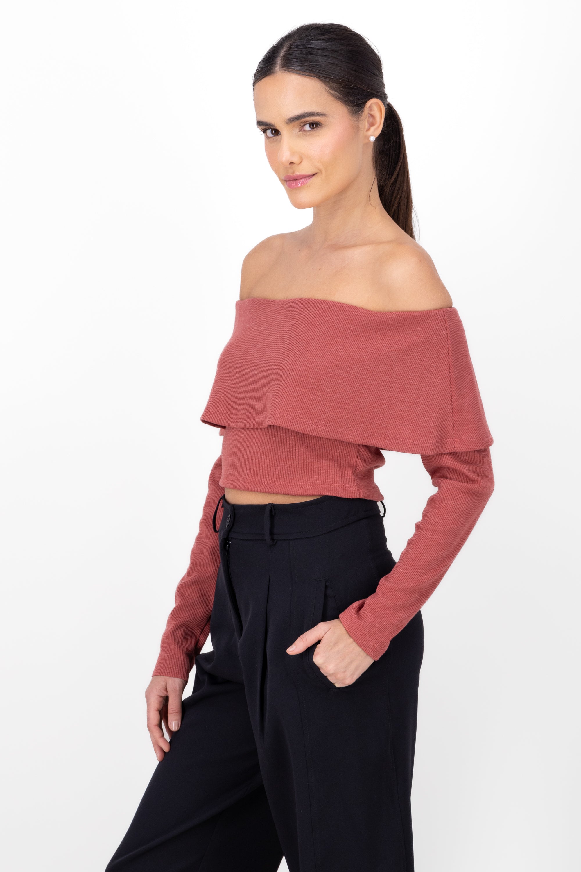 RIB OFF Shoulder blouse MALLOW