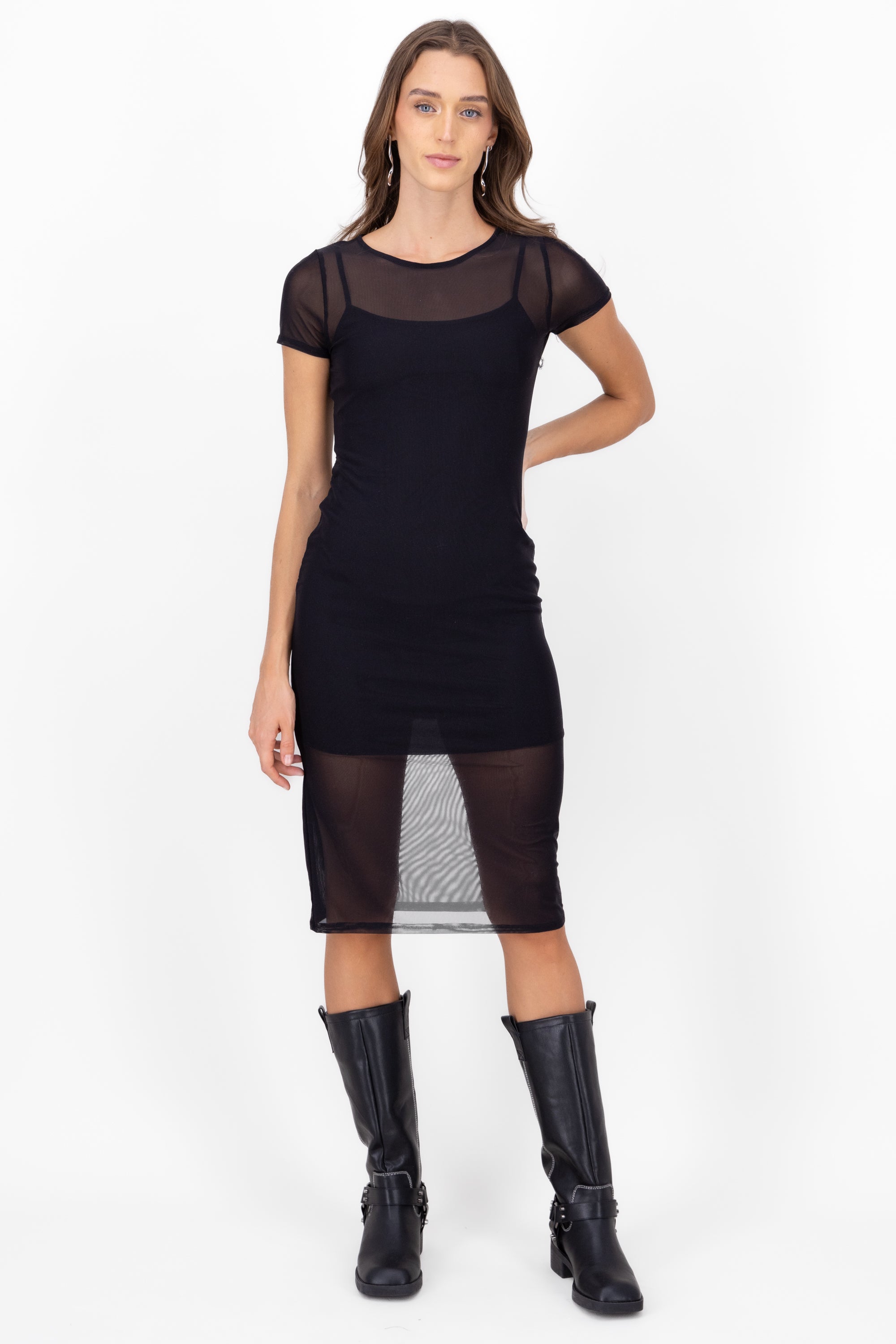 Bodycon dress with long mesh of mesh BLACK