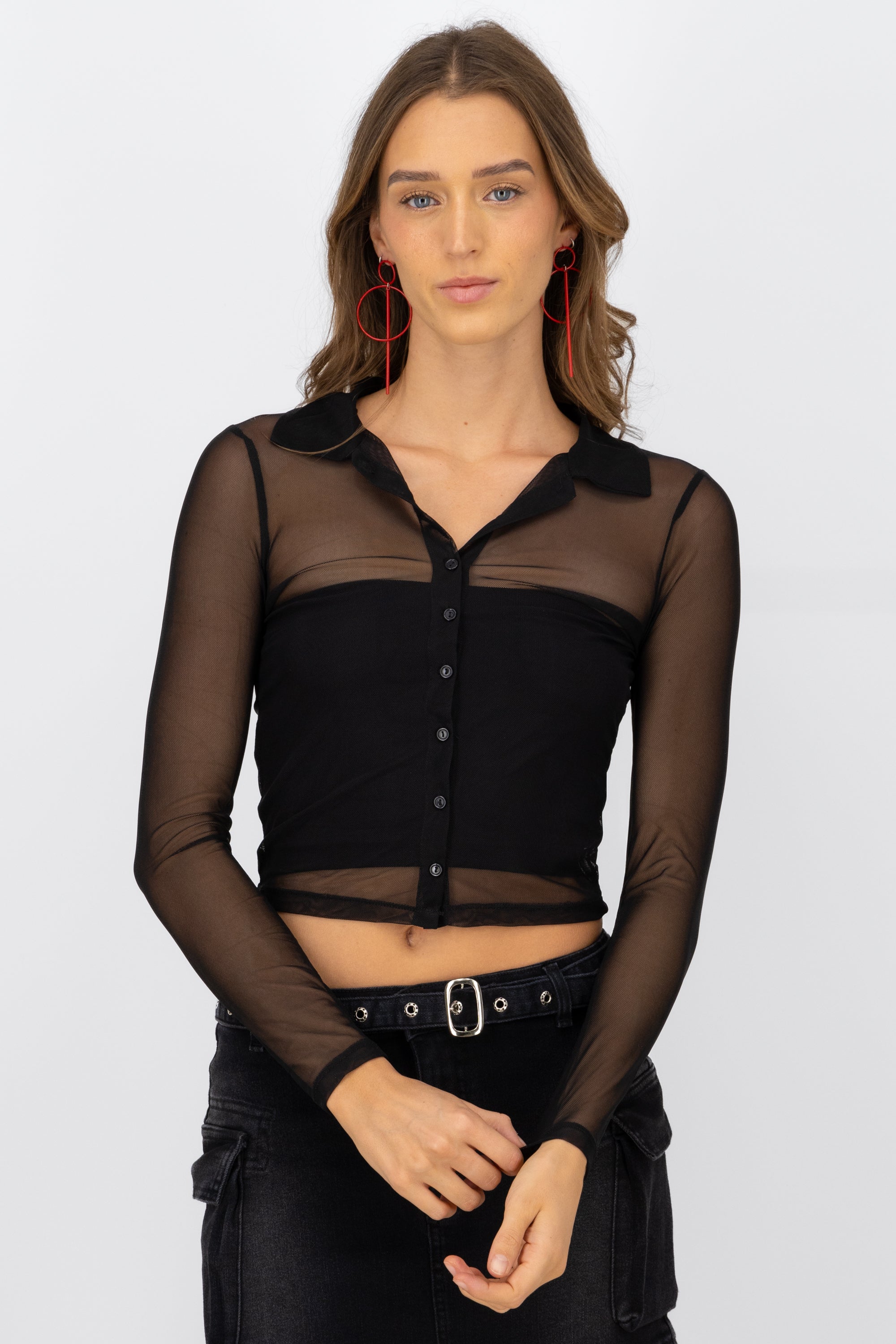 Long -sleeved mesh shirt with buttons BLACK