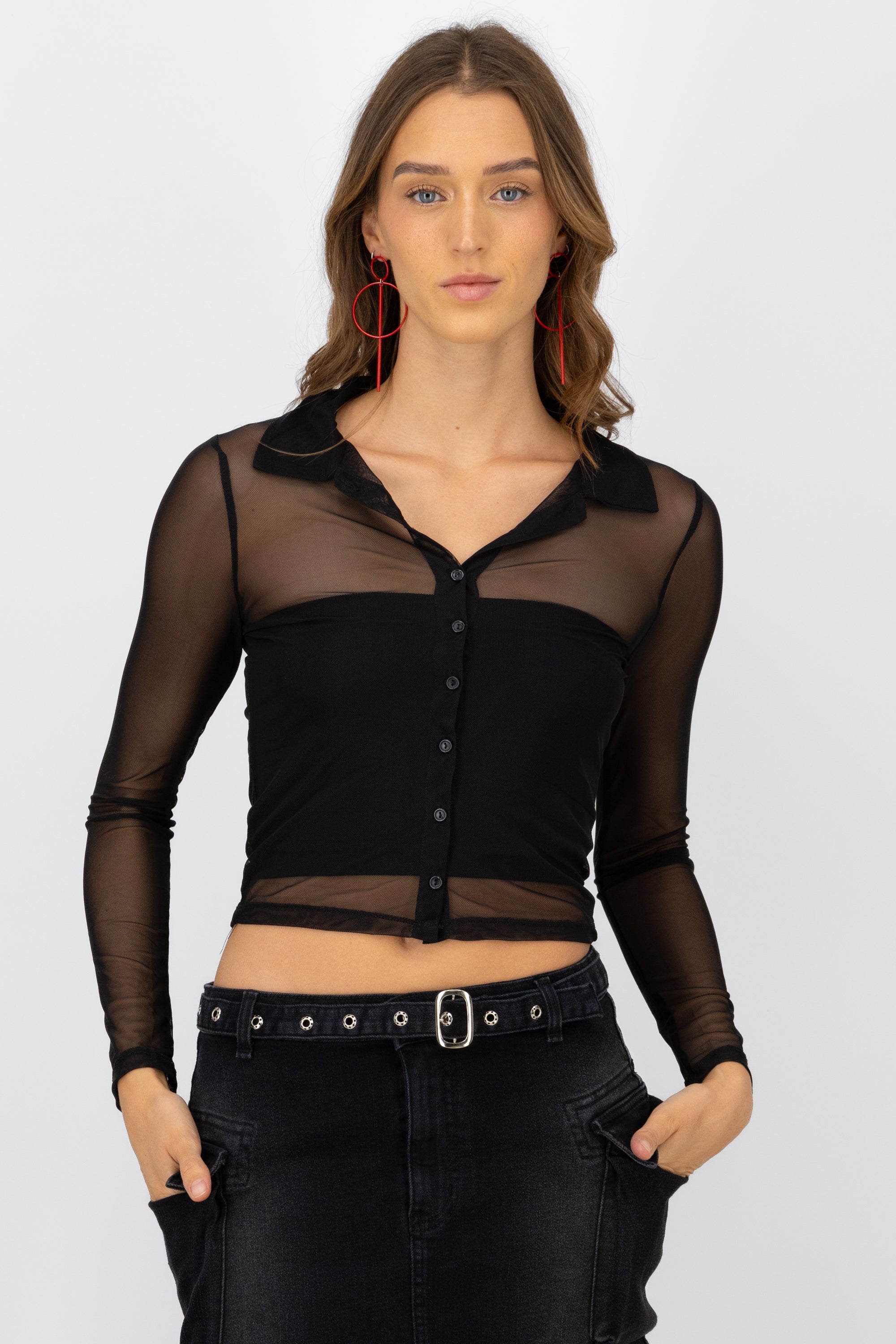 Long -sleeved mesh shirt with buttons BLACK