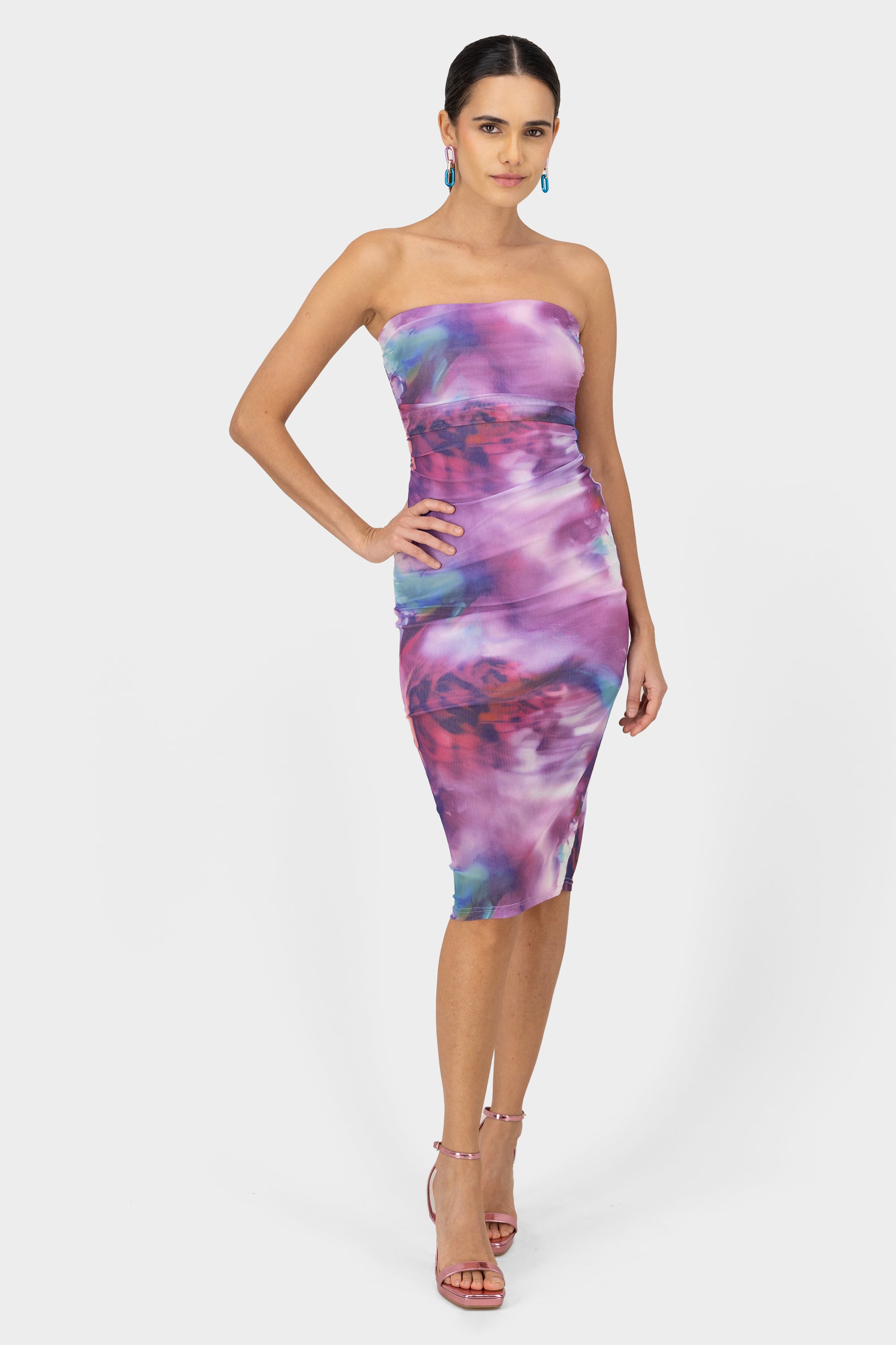Vestido midi mesh estampado MORADO COMBO