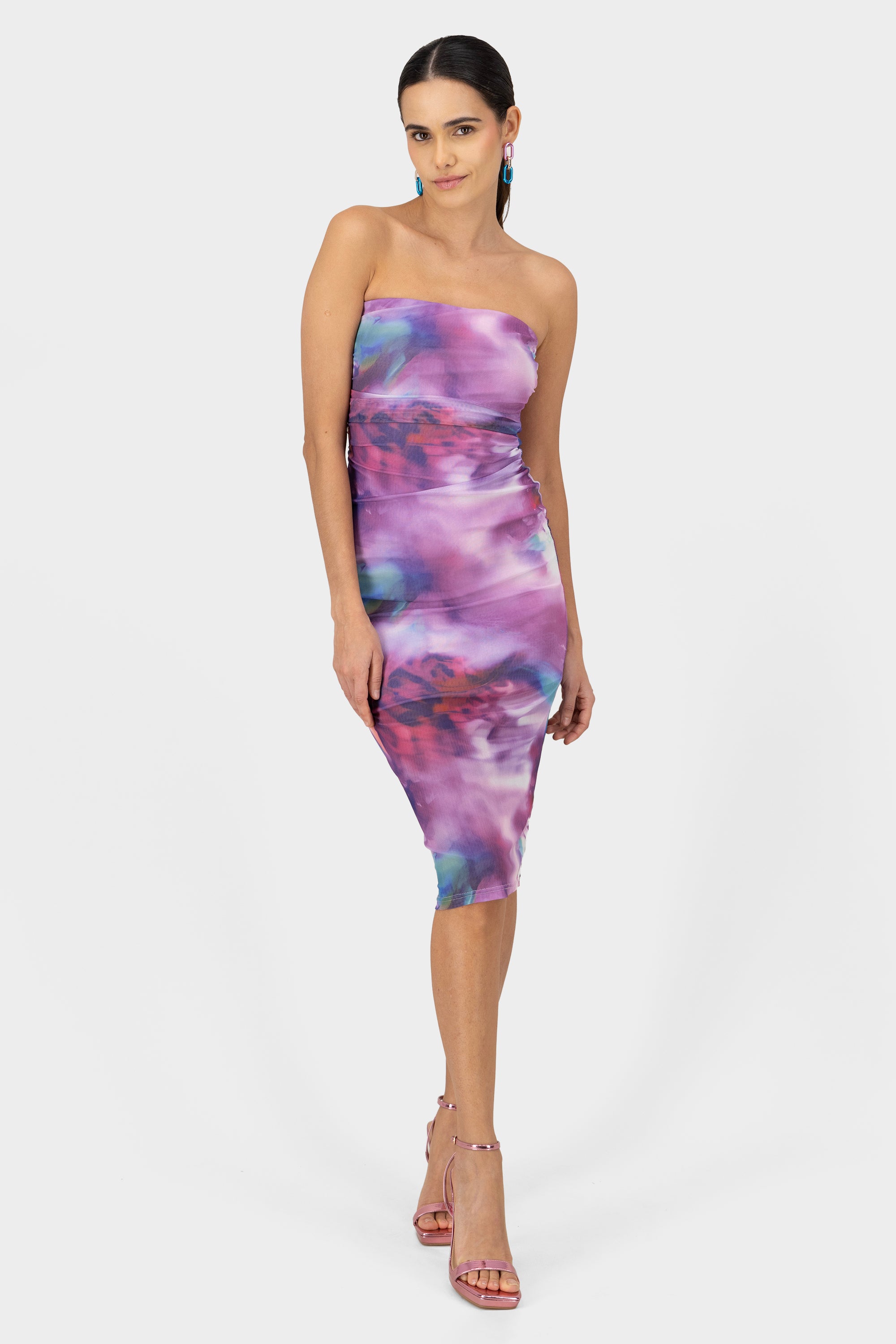 Vestido midi mesh estampado MORADO COMBO