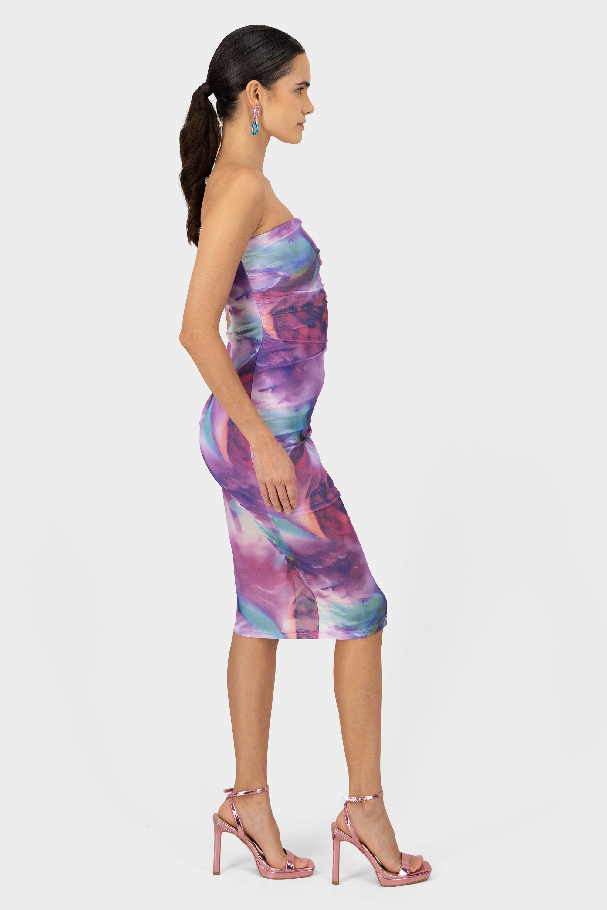 Vestido midi mesh estampado MORADO COMBO