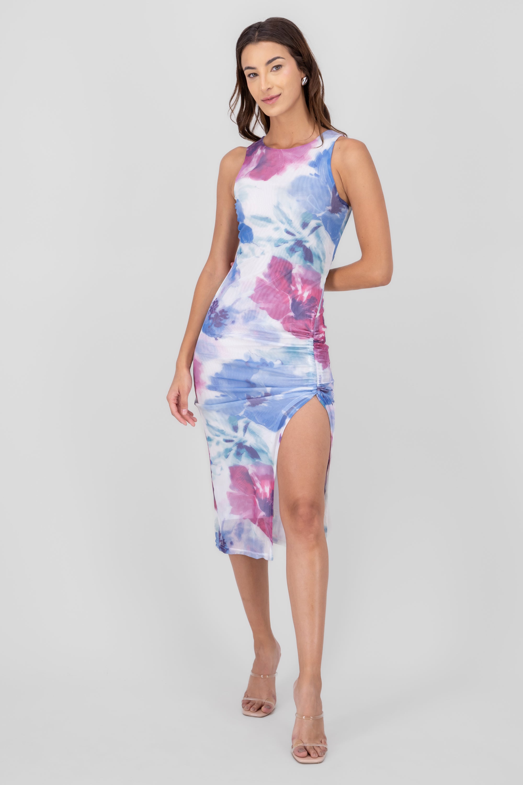 Vestido maxi flores detalle plisado MORADO