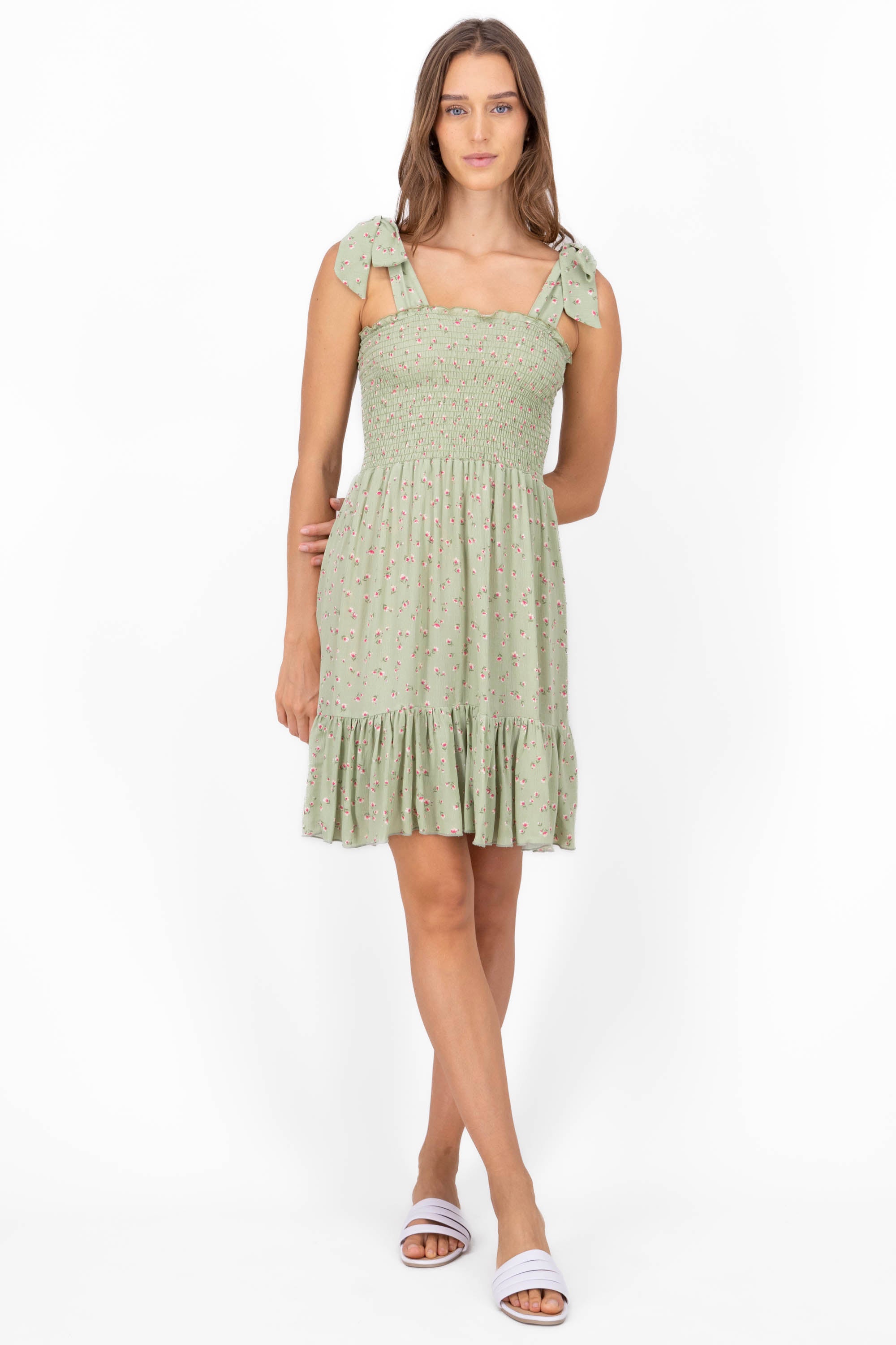 Vestido midi detalle smock VERDE COMBO