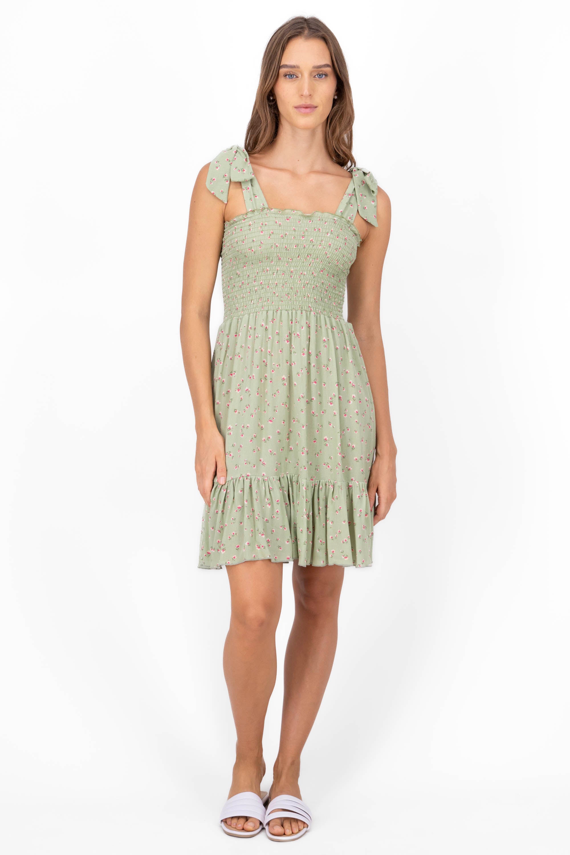 Vestido midi detalle smock VERDE COMBO