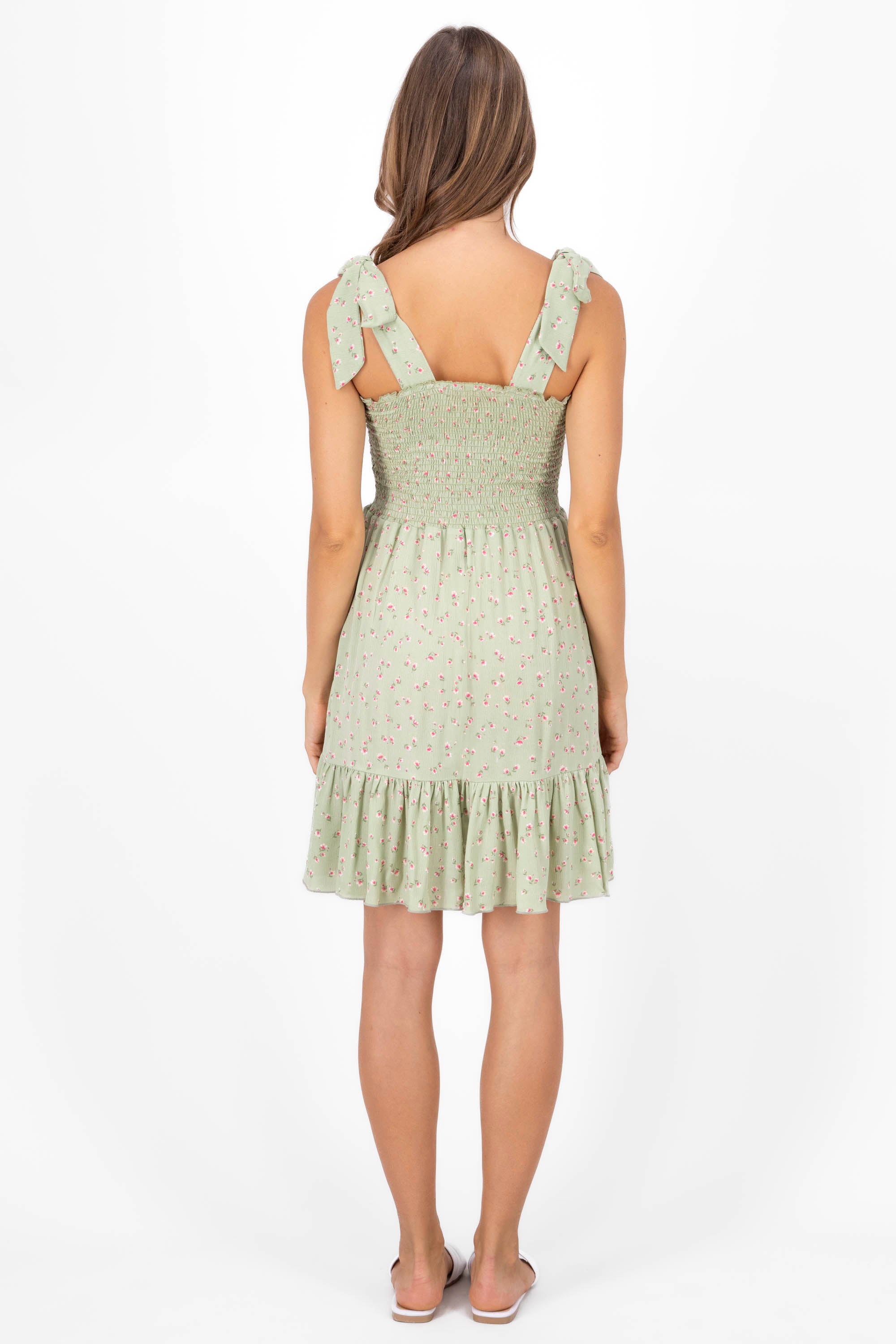 Vestido midi detalle smock VERDE COMBO