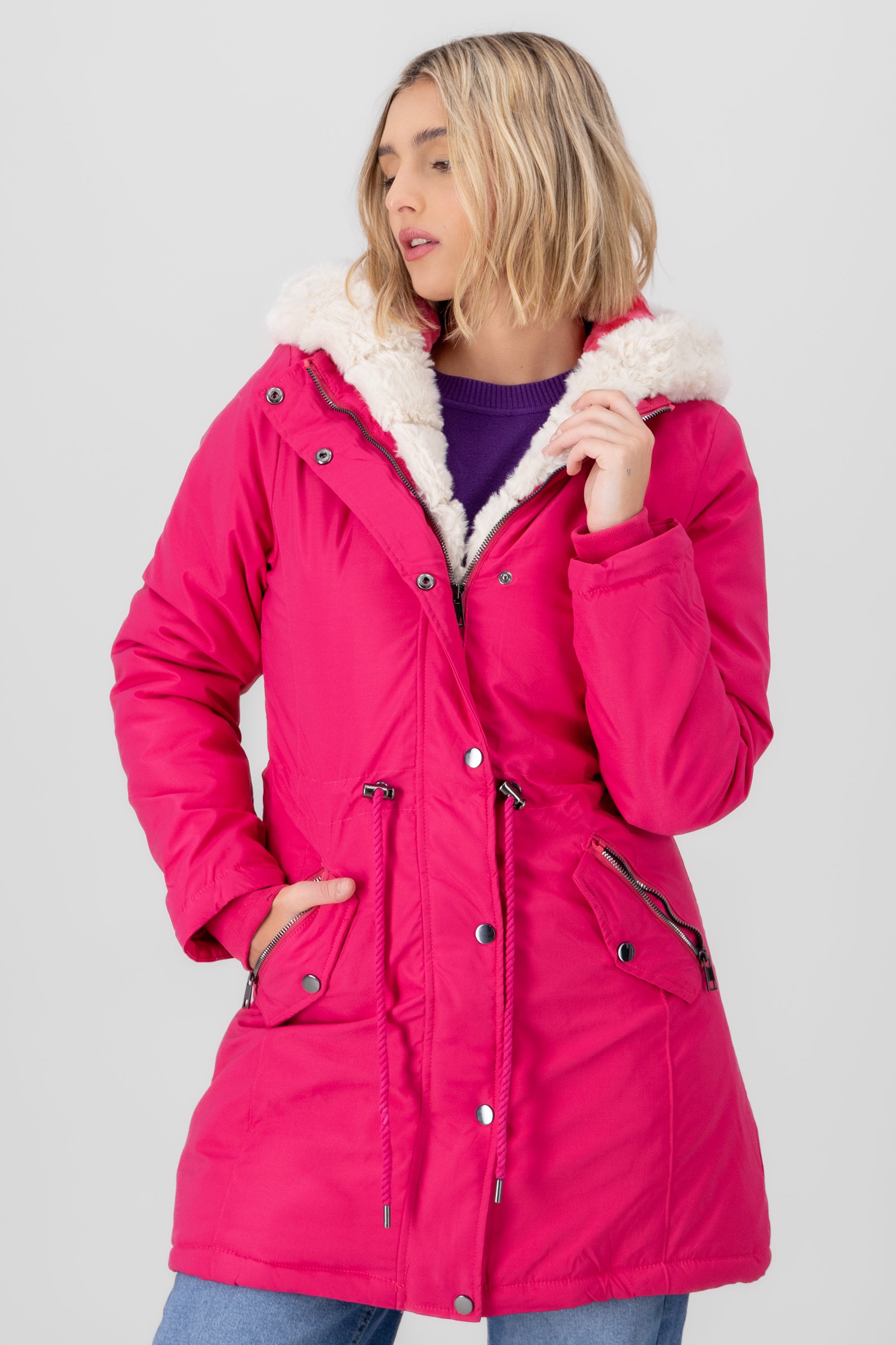 Chamarra puffer larga peluche ROSA