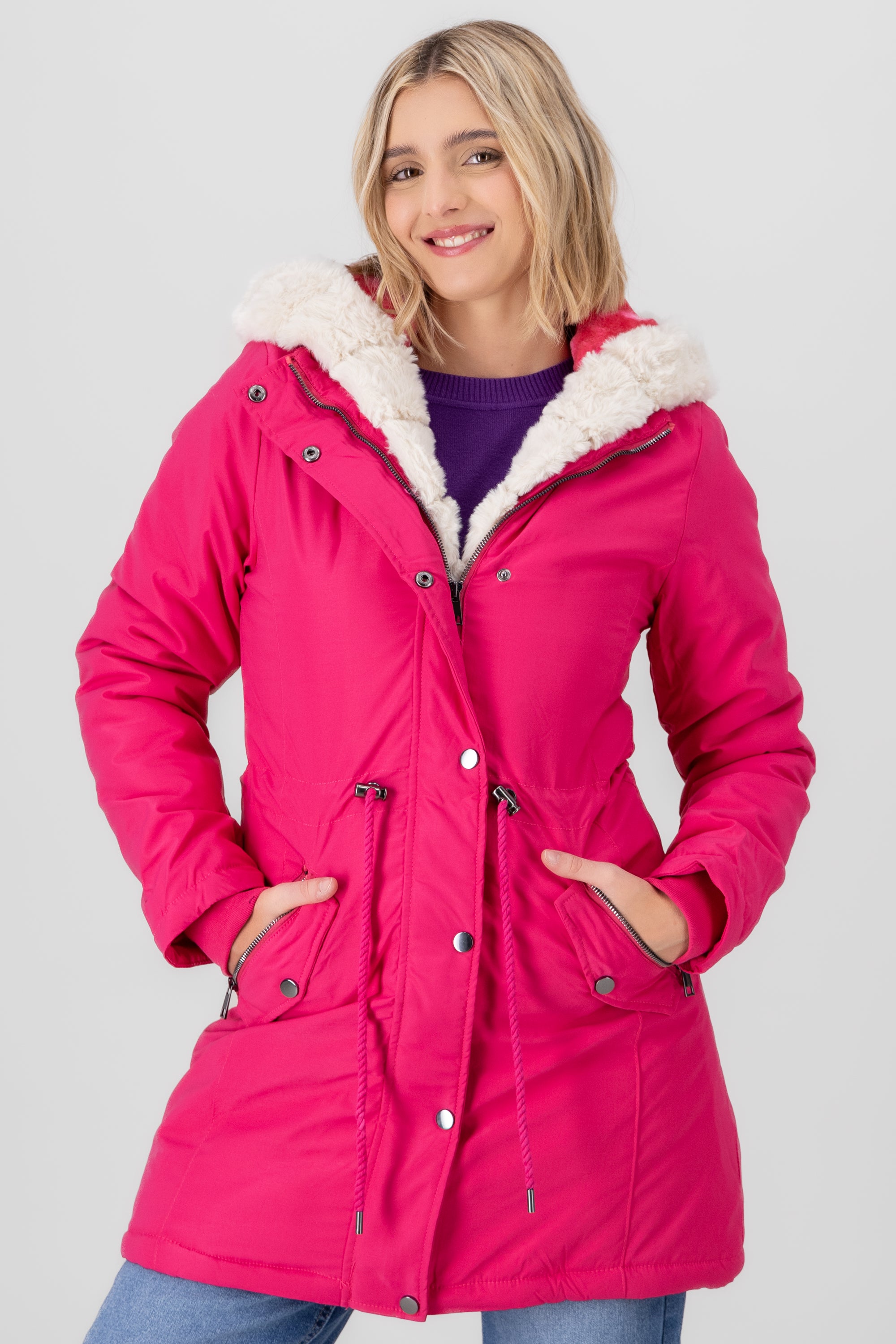 Chamarra puffer larga peluche ROSA