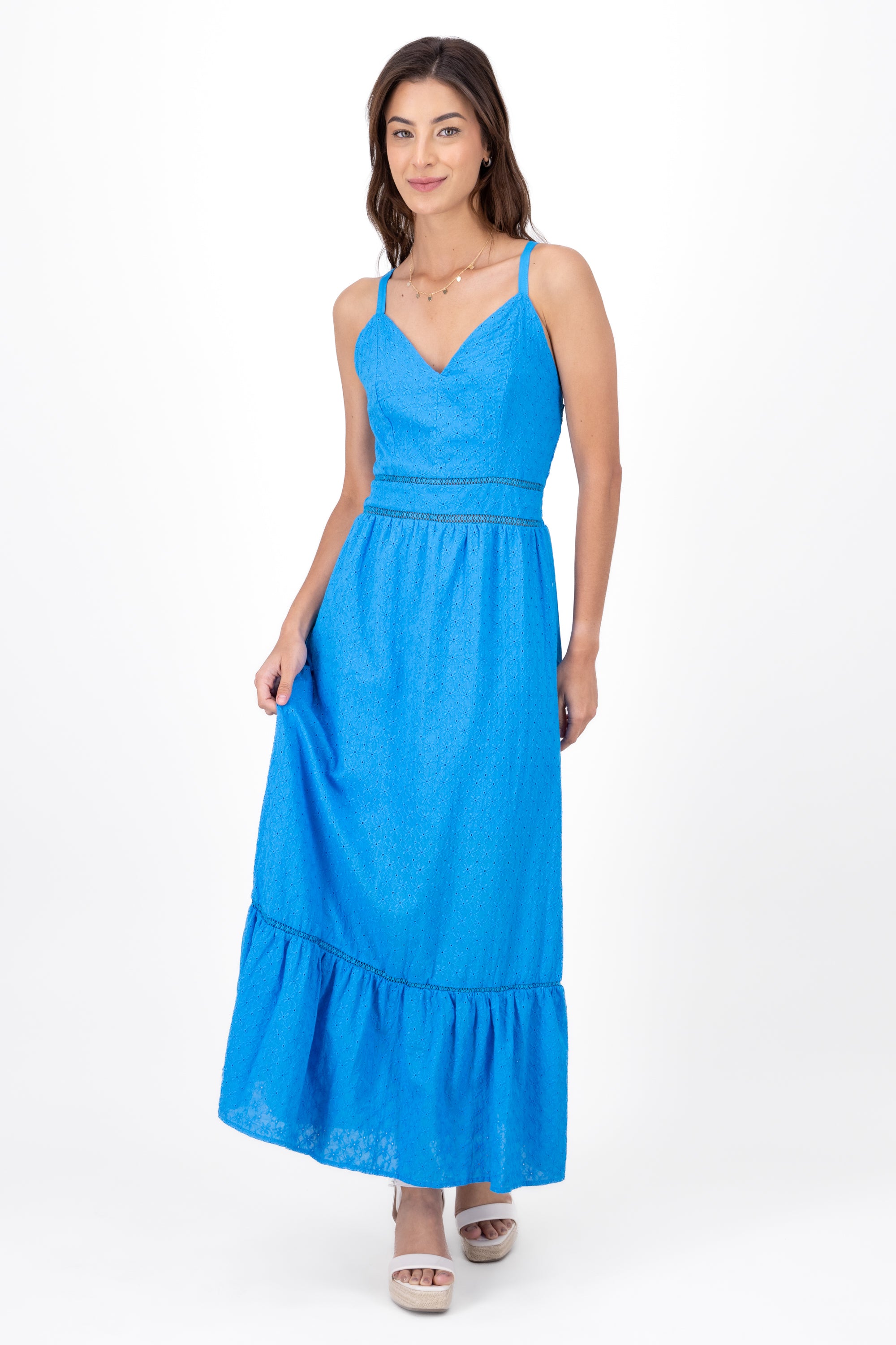 Vestido maxi eyelet escote v AZUL