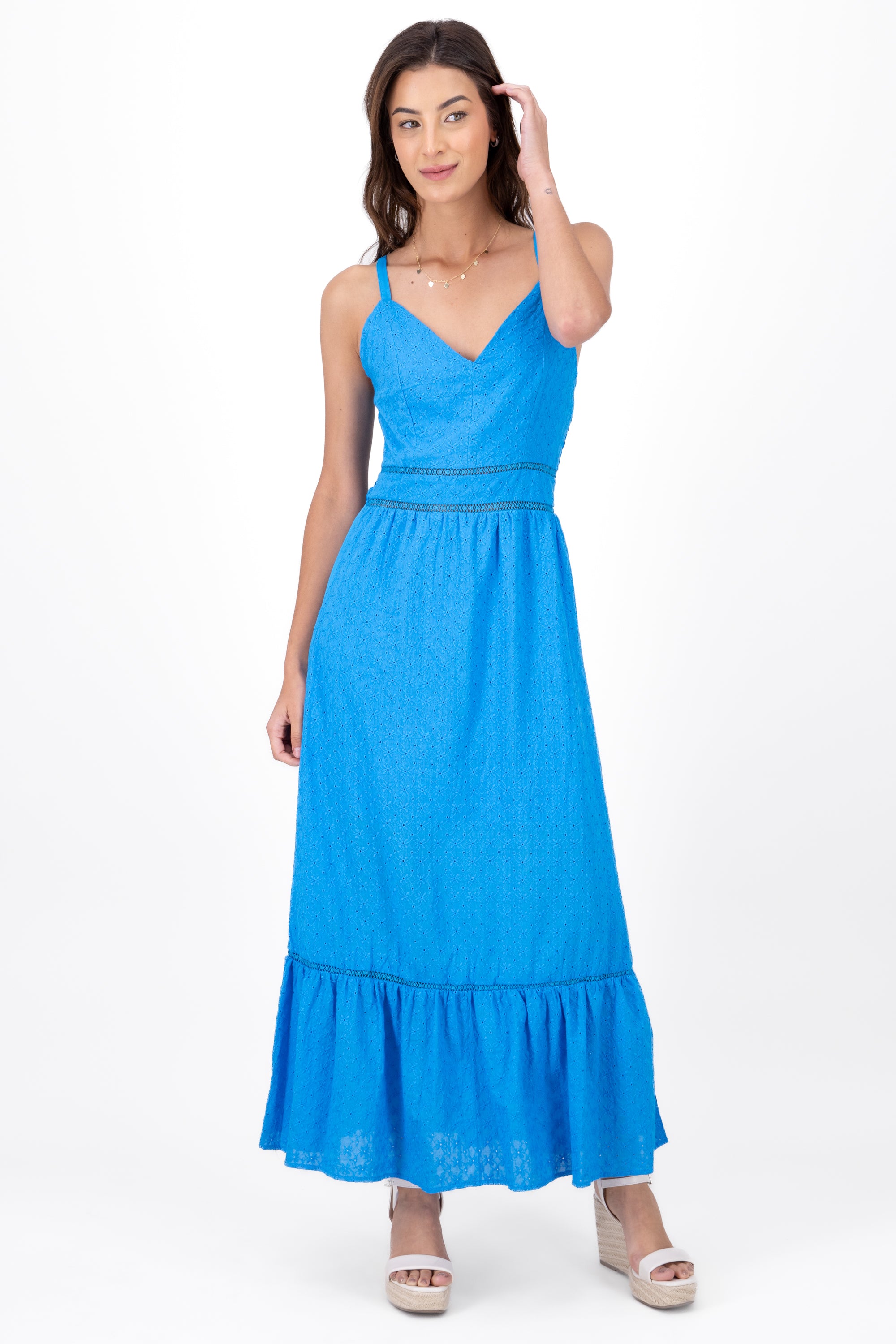 Vestido maxi eyelet escote v AZUL