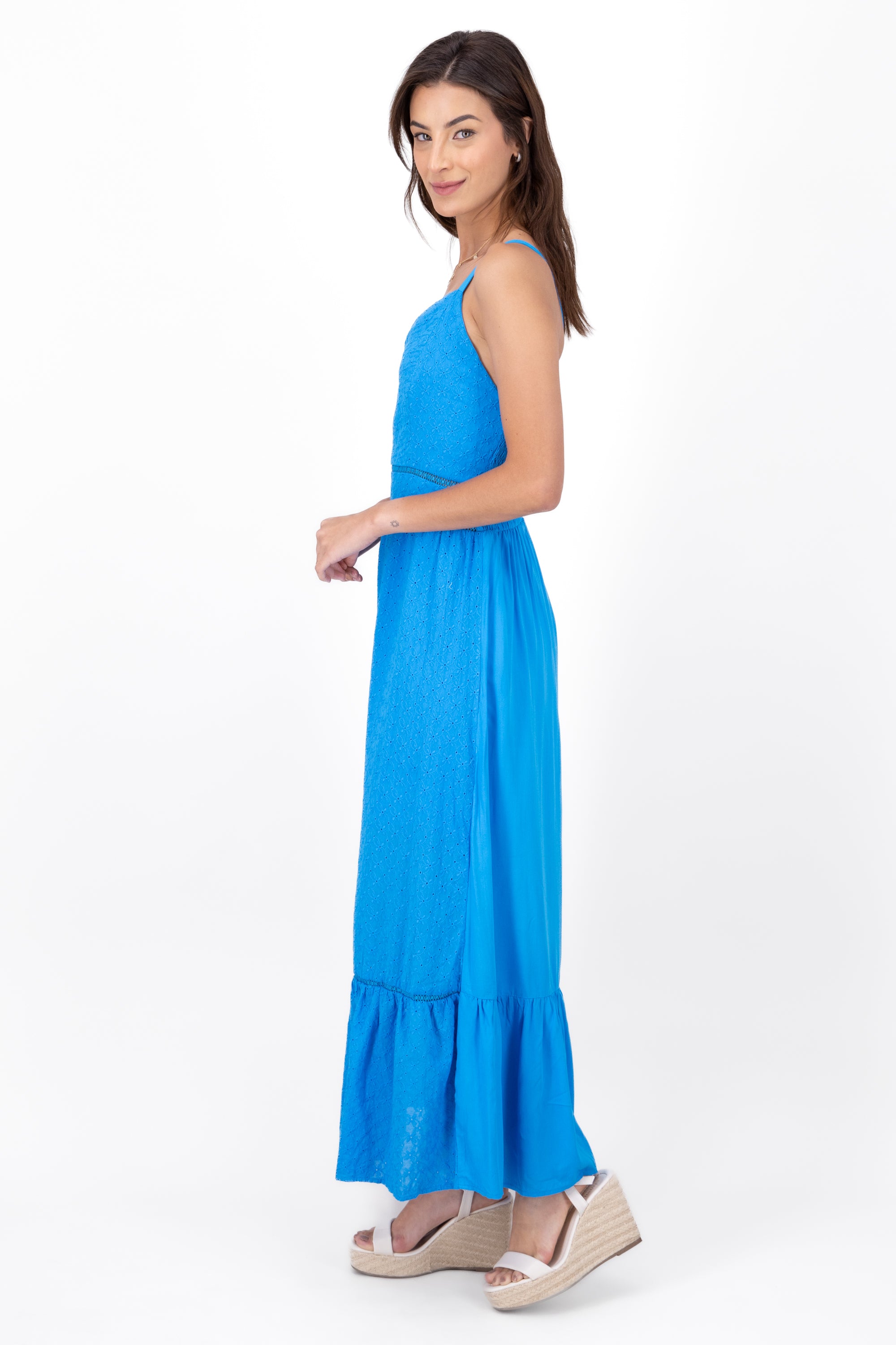 Vestido maxi eyelet escote v AZUL