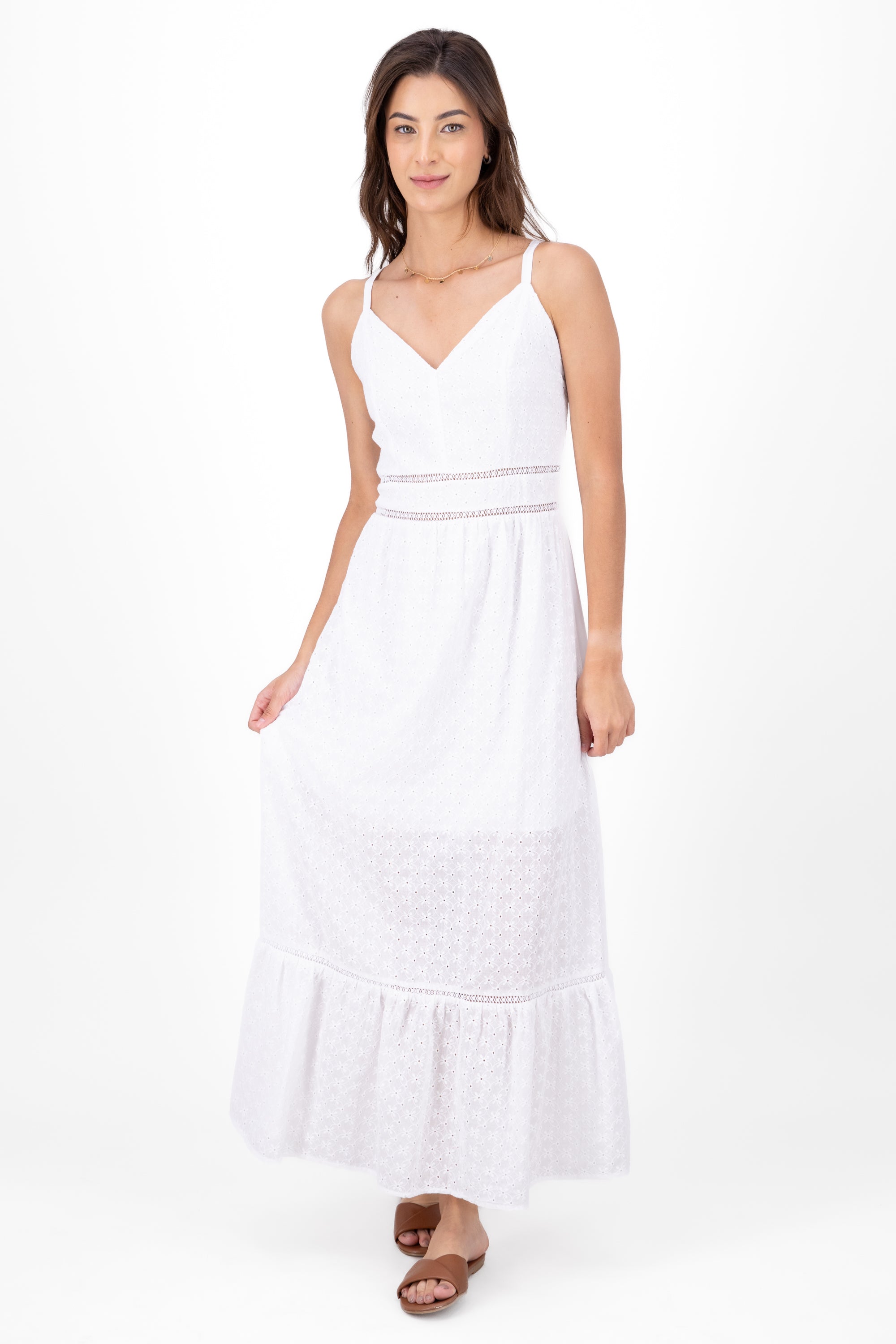 Vestido maxi eyelet escote v BLANCO