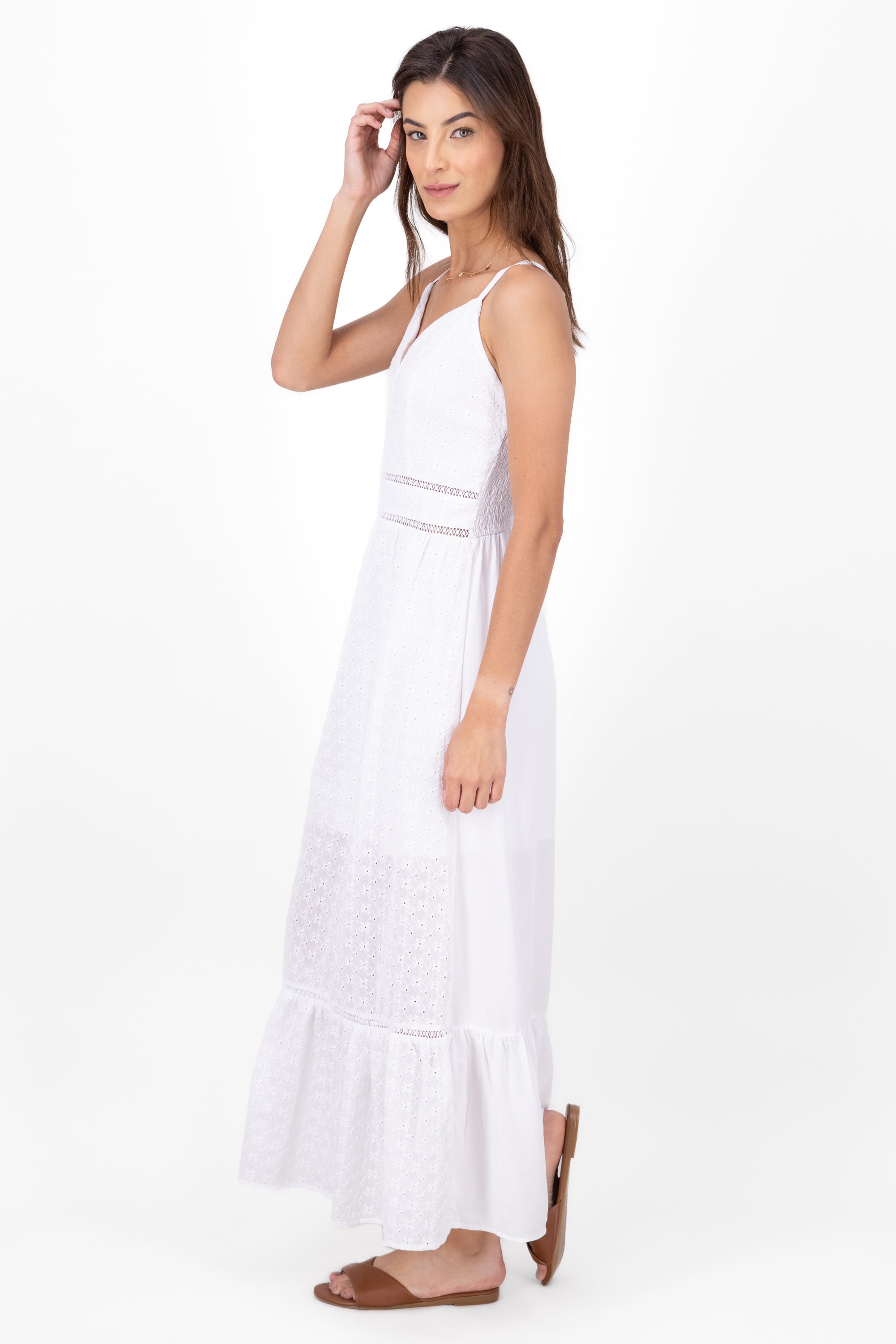 Vestido maxi eyelet escote v BLANCO