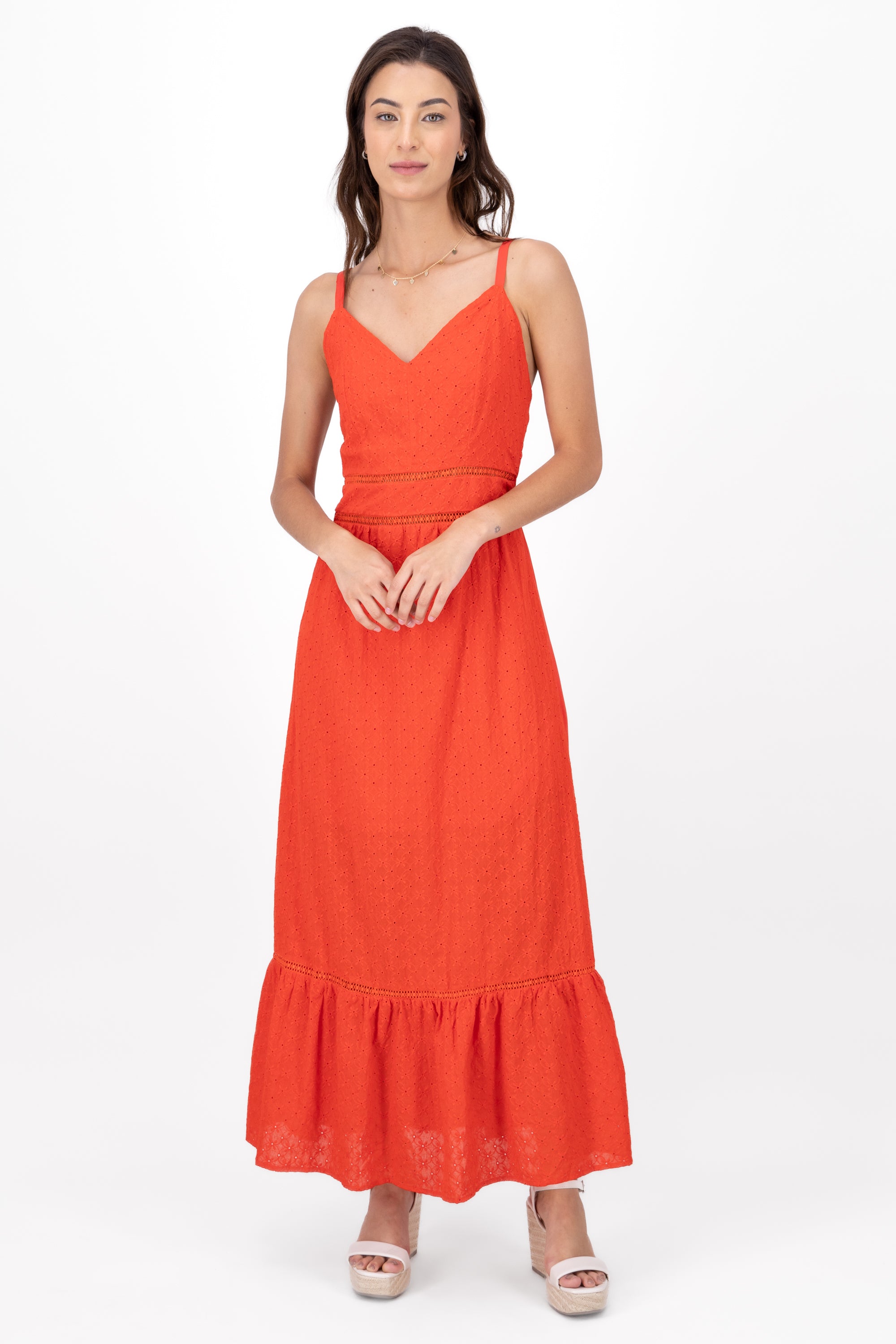 Vestido maxi eyelet escote v ROJO