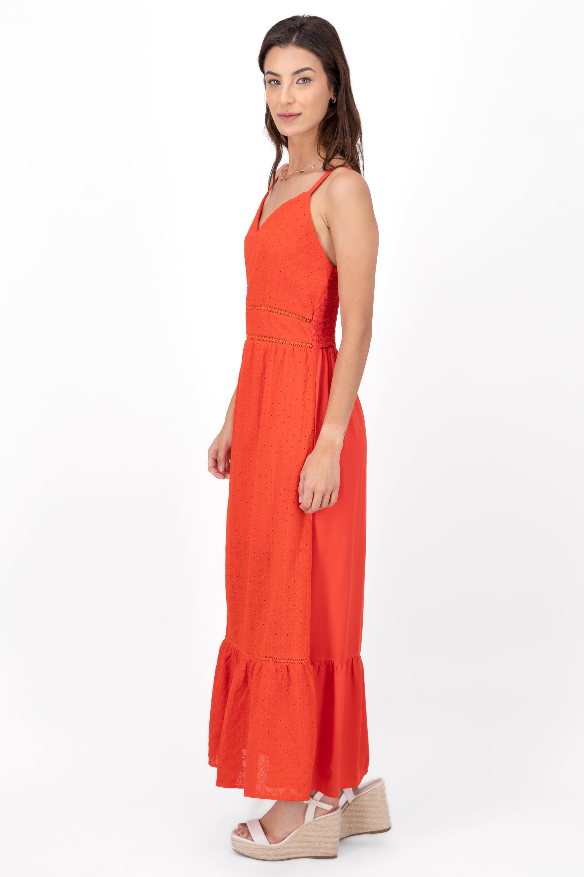 Vestido maxi eyelet escote v ROJO