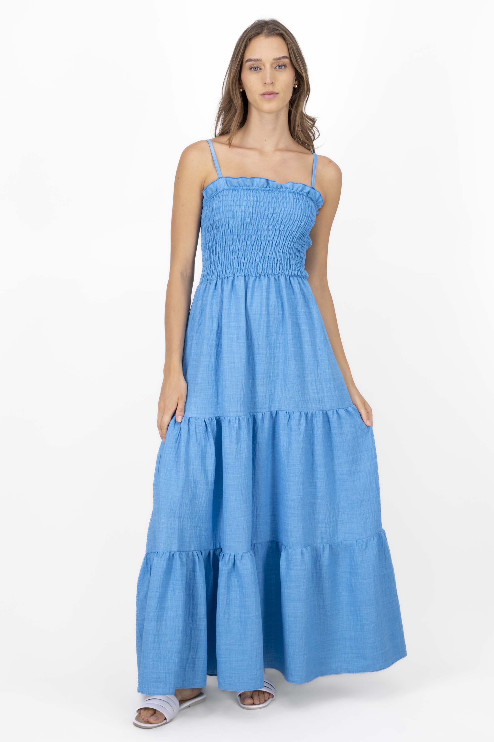 Vestido maxi olanes detalle smock AZUL