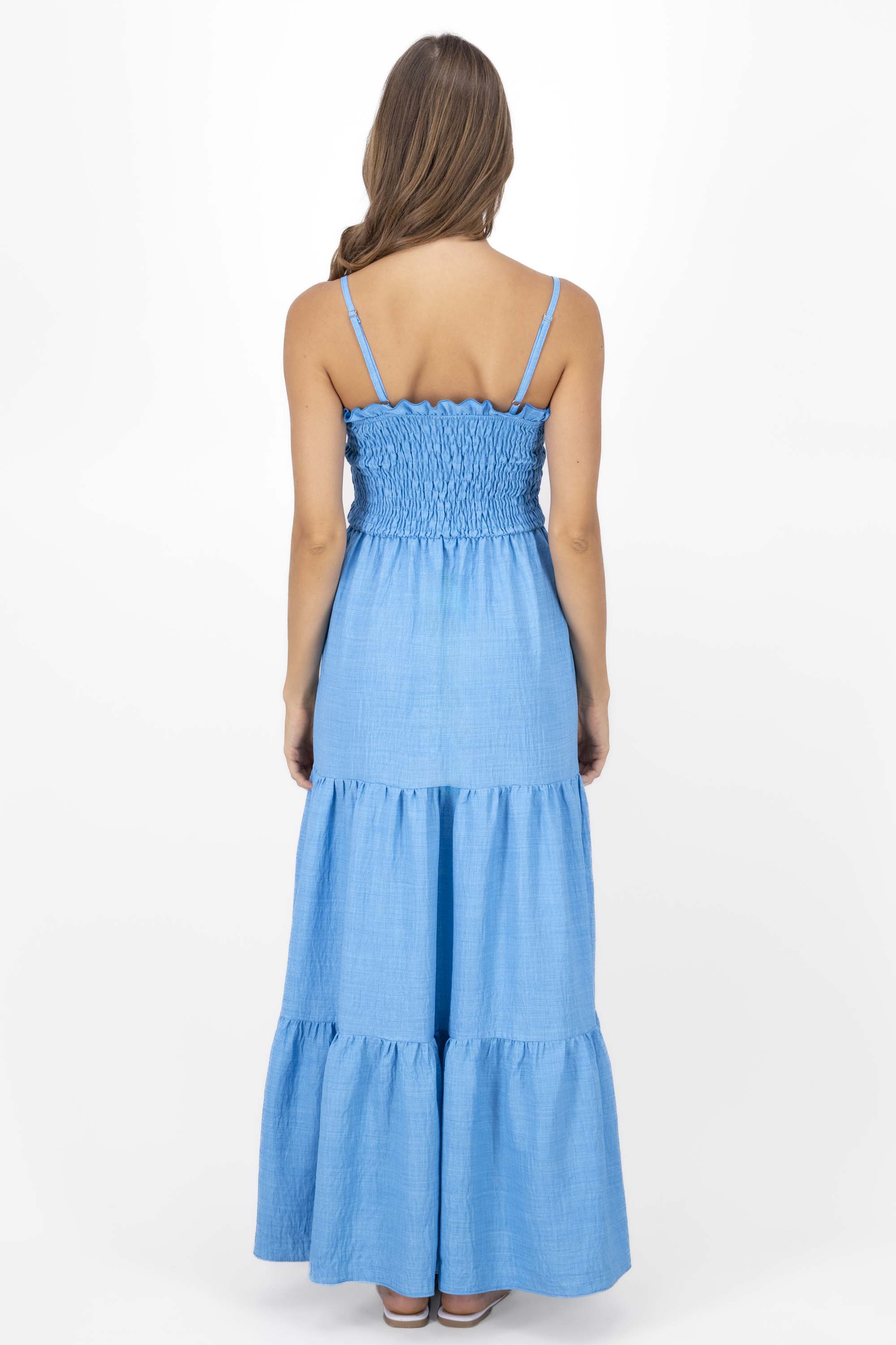 Vestido maxi olanes detalle smock AZUL