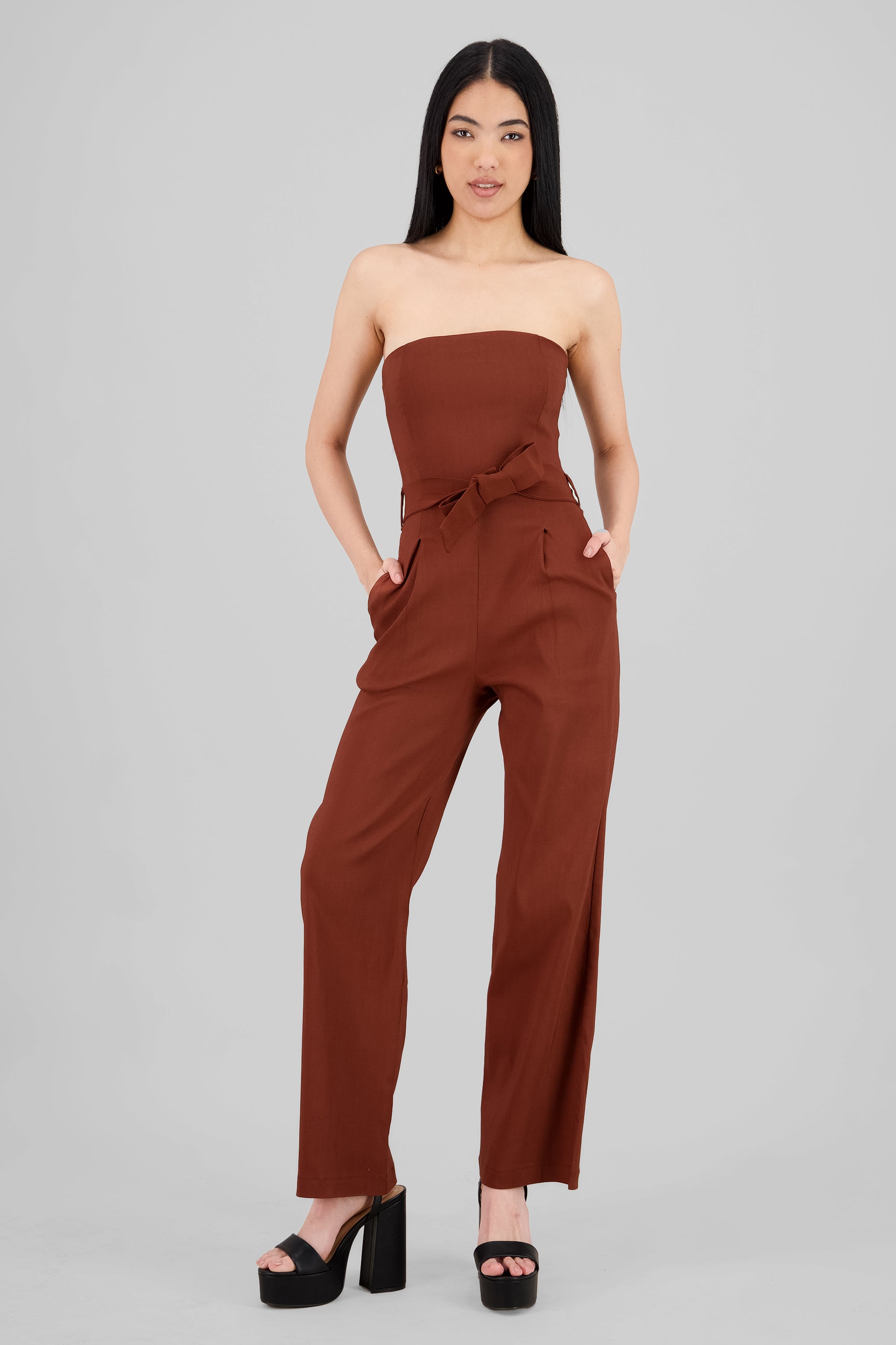 Jumpsuit strapless detalle cinturon CAFE