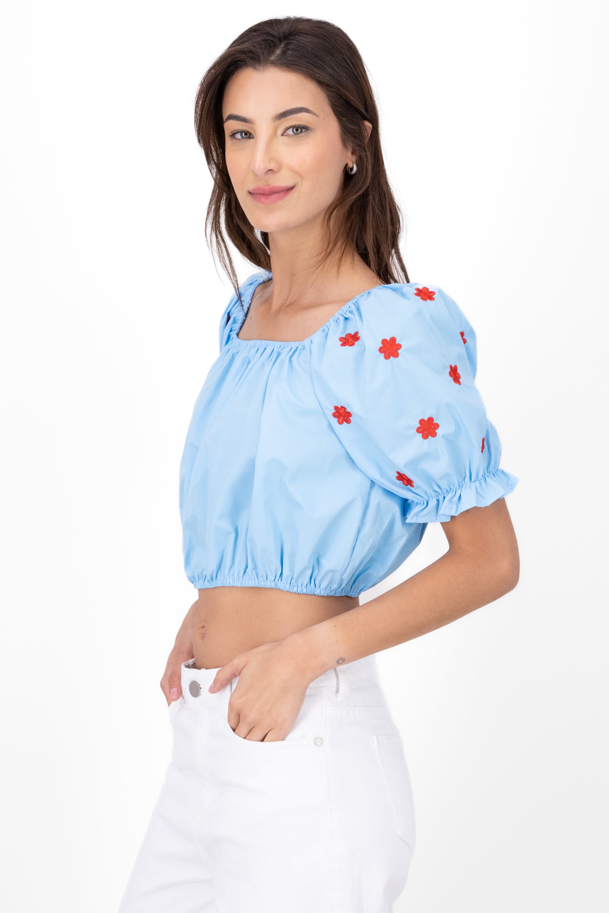 Manga Blouse Bulled Embroidery Detail BLUE