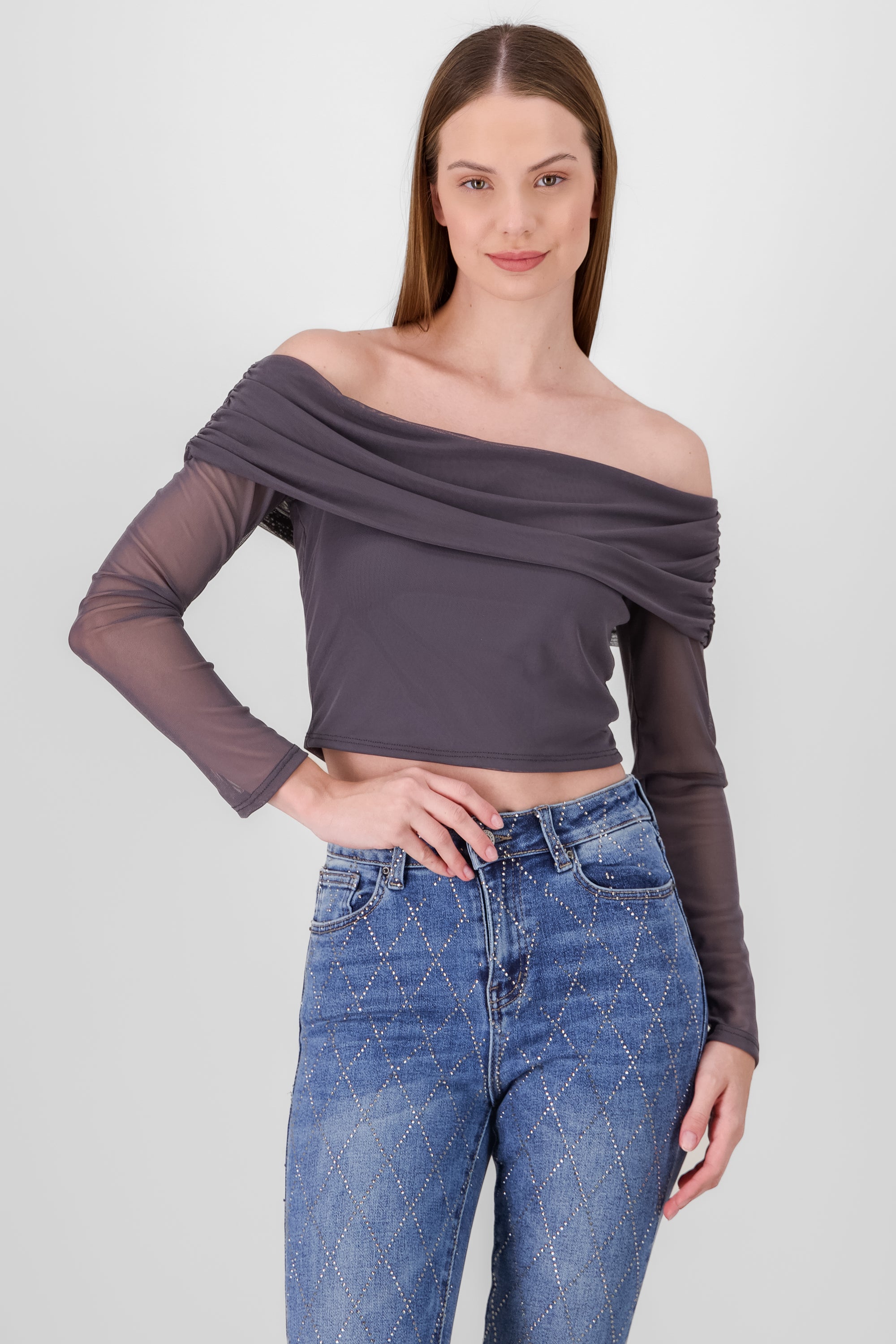 Top off shoulder de mesh liso GRIS OBSCURO