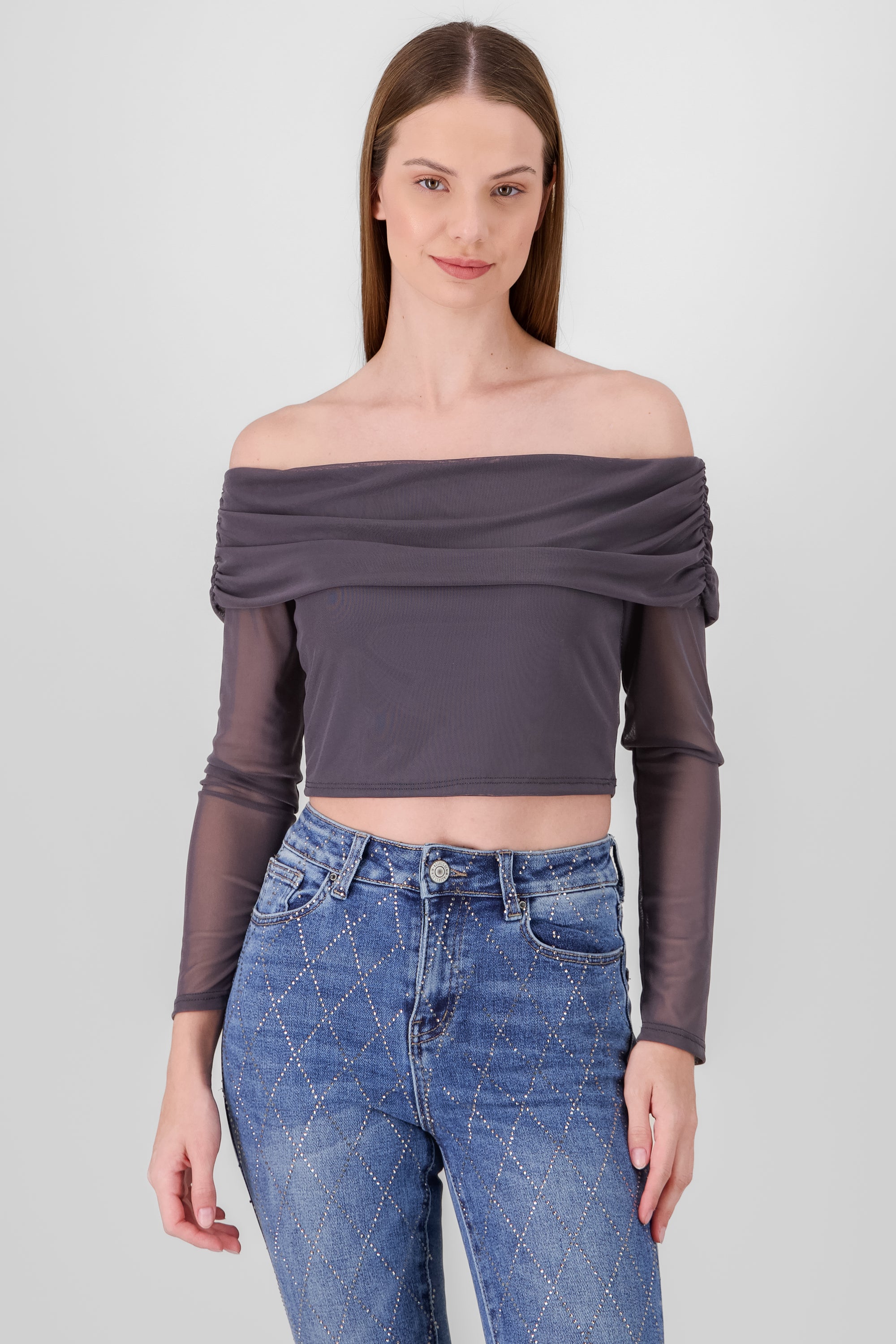 Top off shoulder de mesh liso GRIS OBSCURO