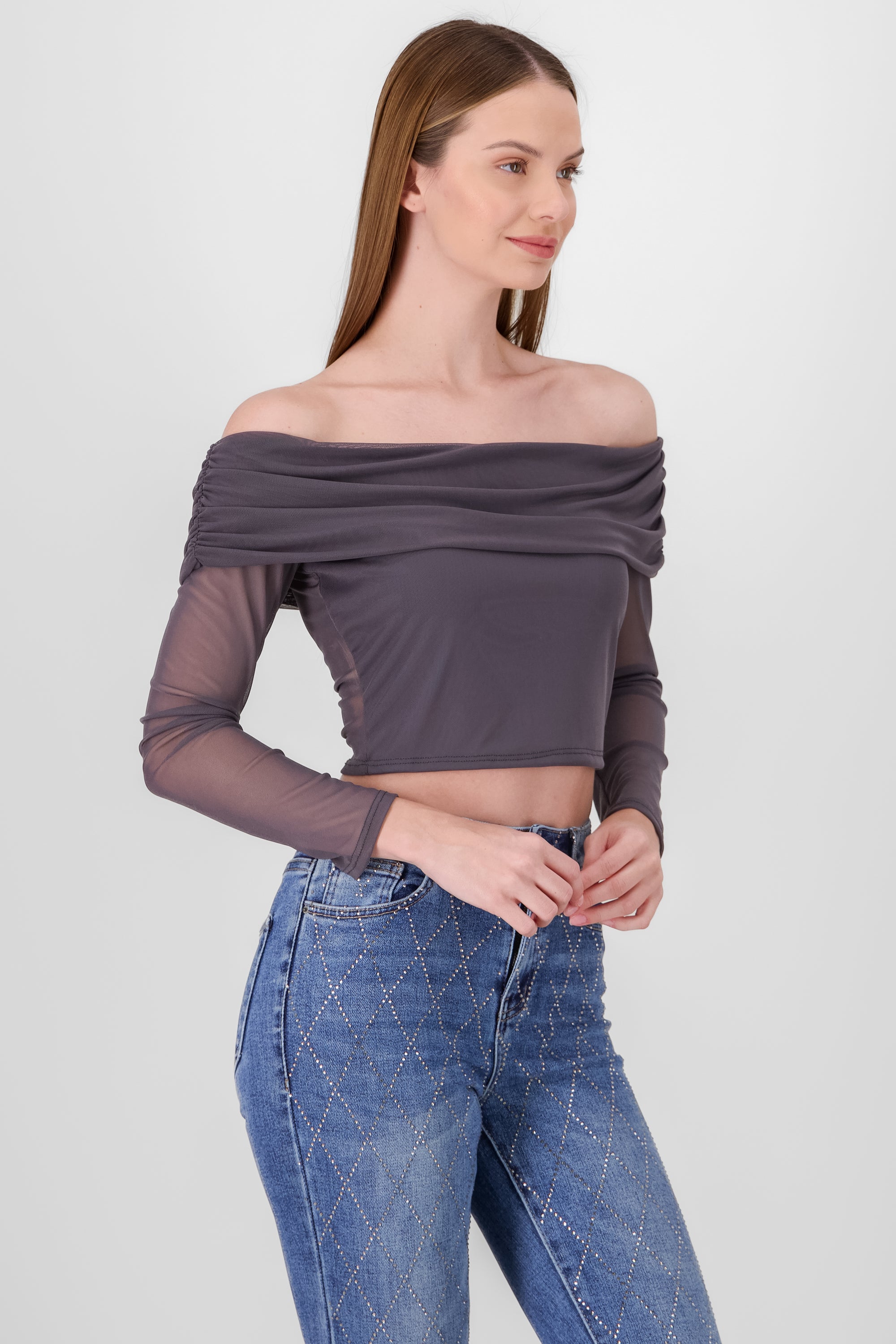 Top off shoulder de mesh liso GRIS OBSCURO