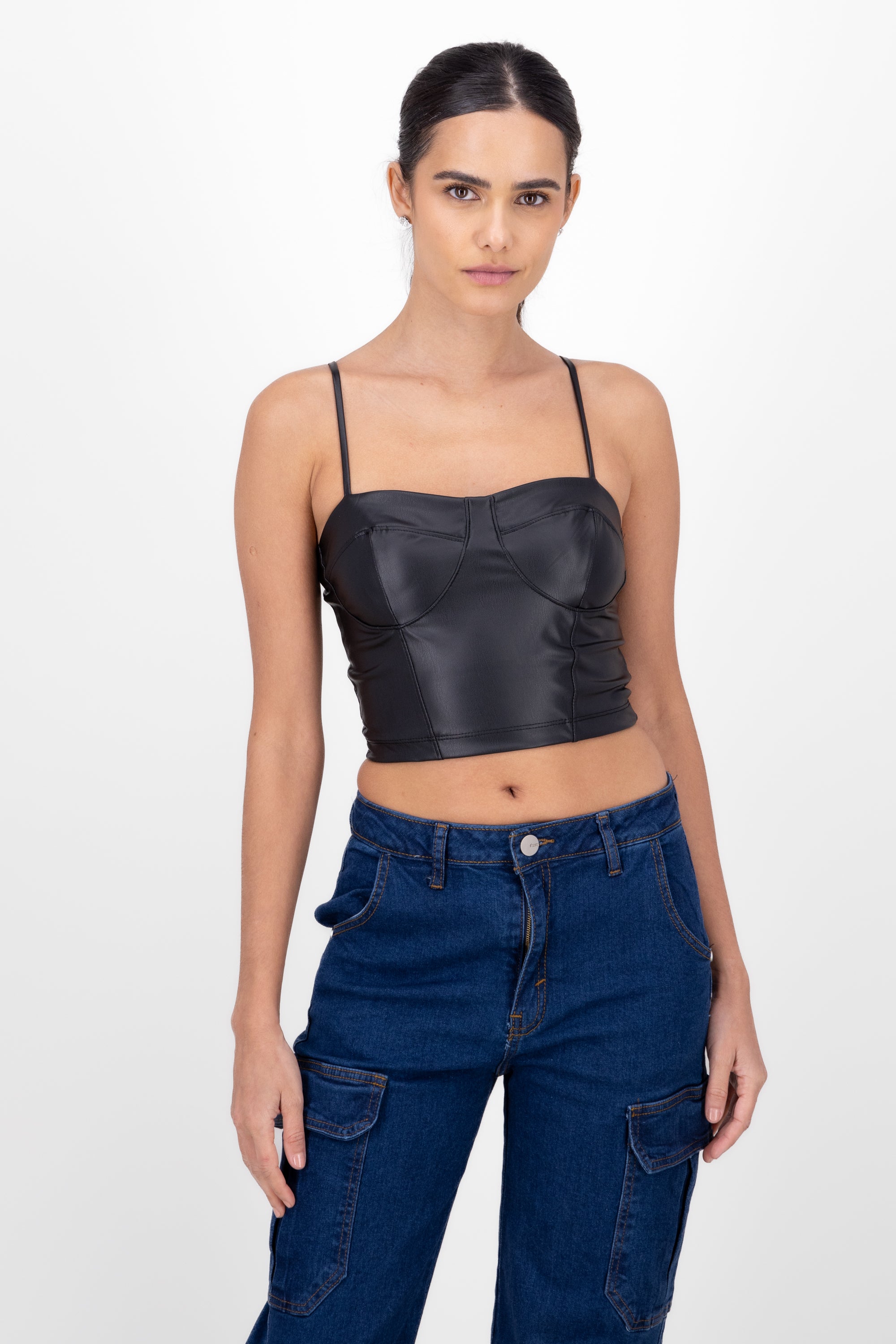 Top Cropped Smooth Leather Effect BLACK