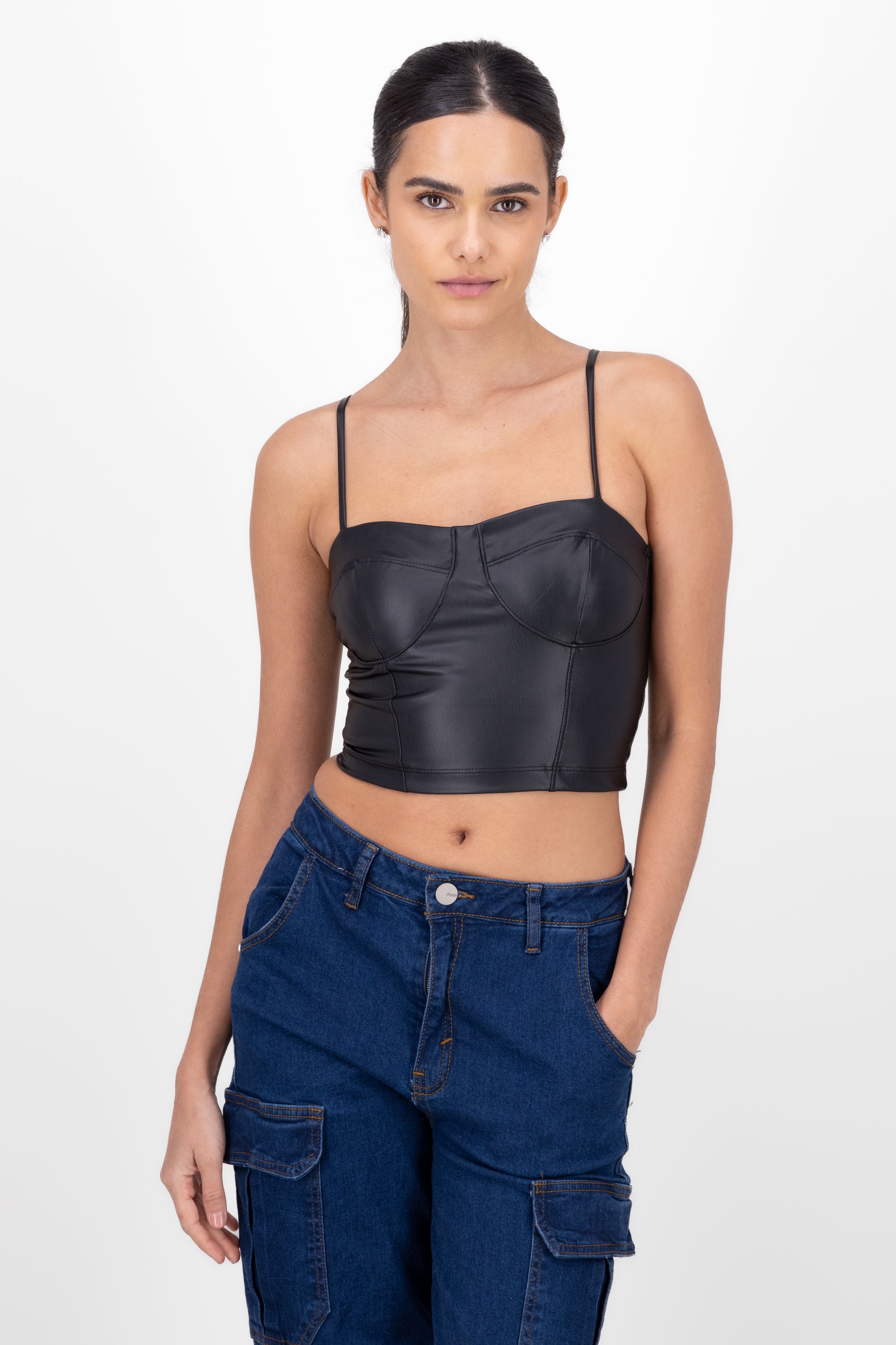 Top Cropped Smooth Leather Effect BLACK