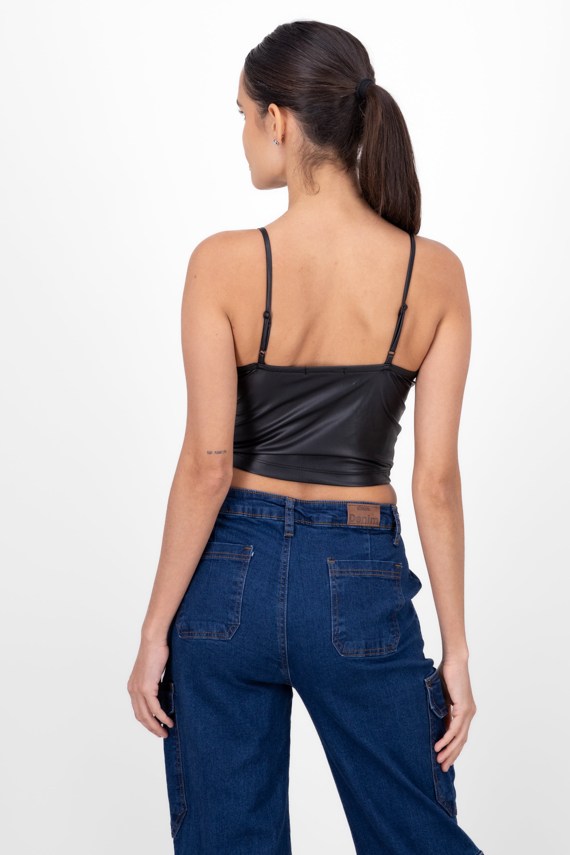 Top Cropped Smooth Leather Effect BLACK