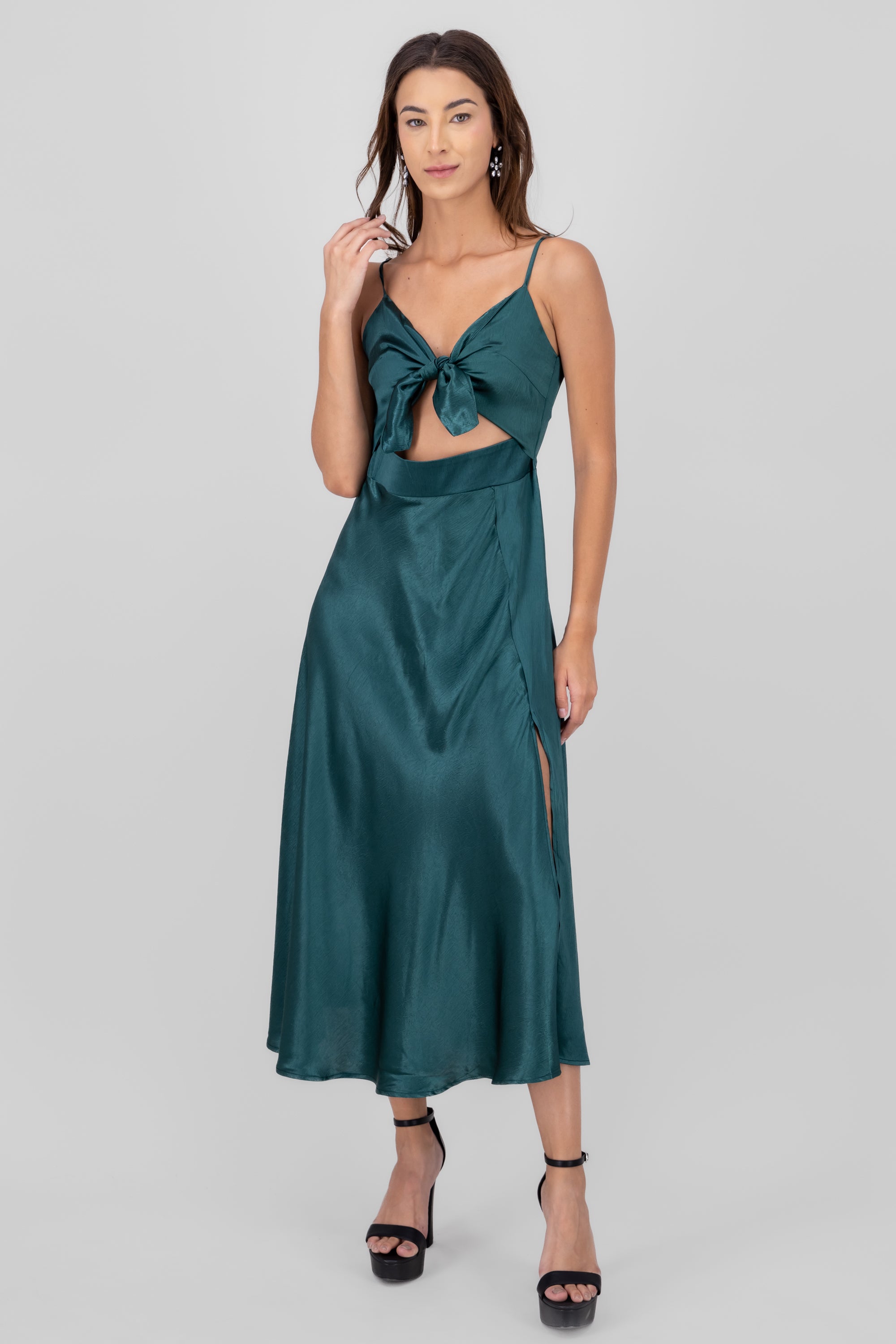 Vestido midi satin con moño amarre VERDE CAZADOR