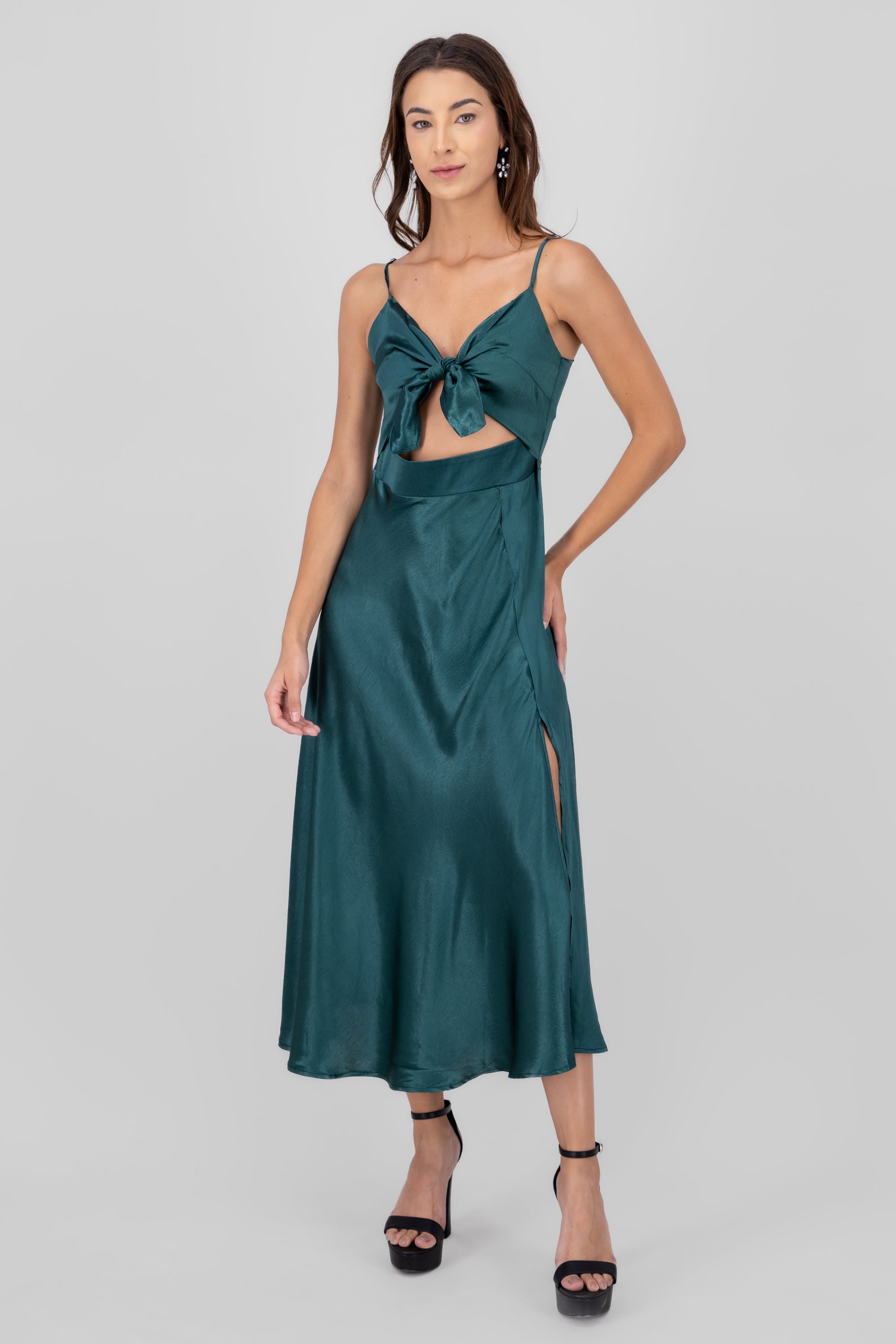 Vestido midi satin con moño amarre VERDE CAZADOR