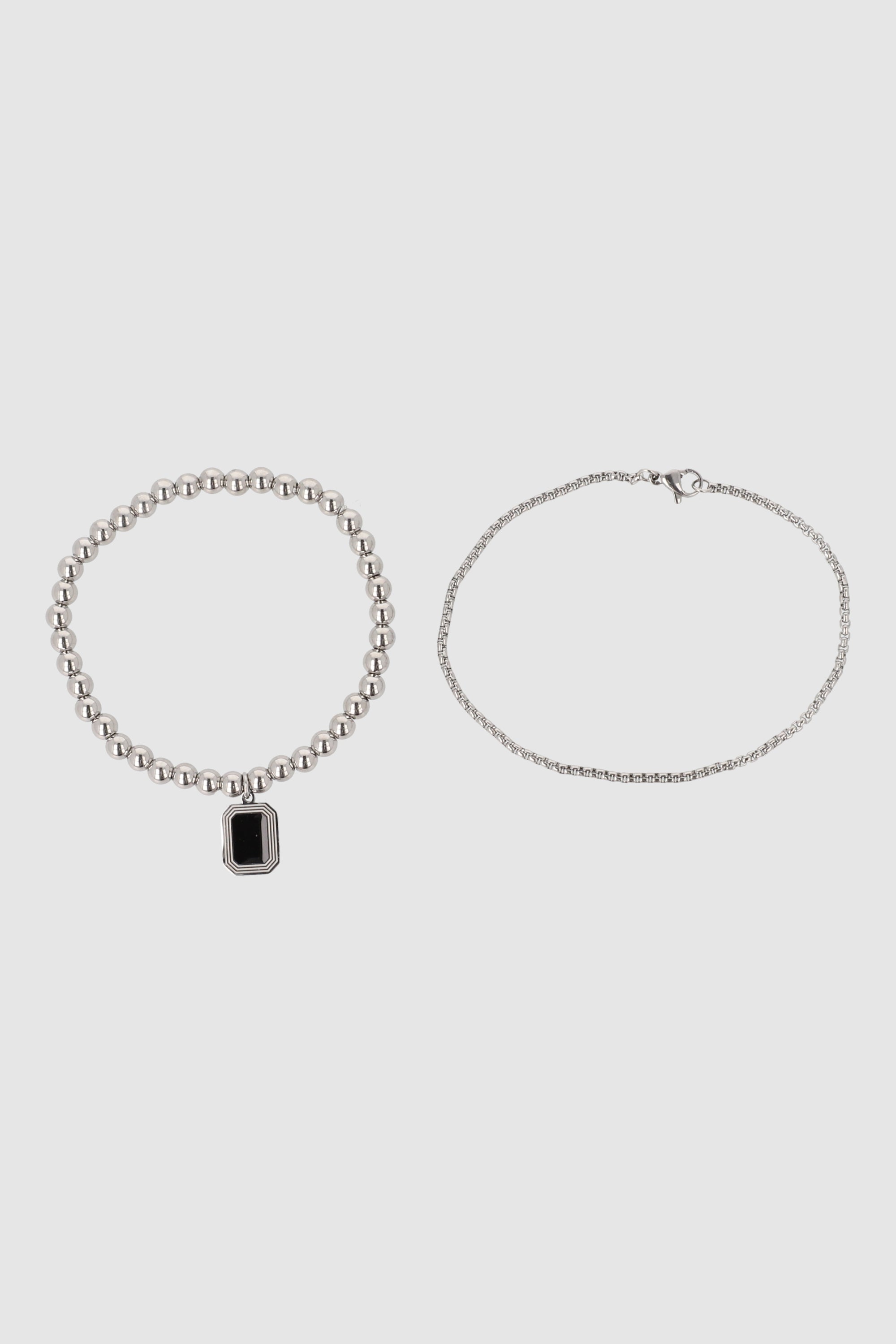 Doble pulsera acero con dije rectangulo PLATA