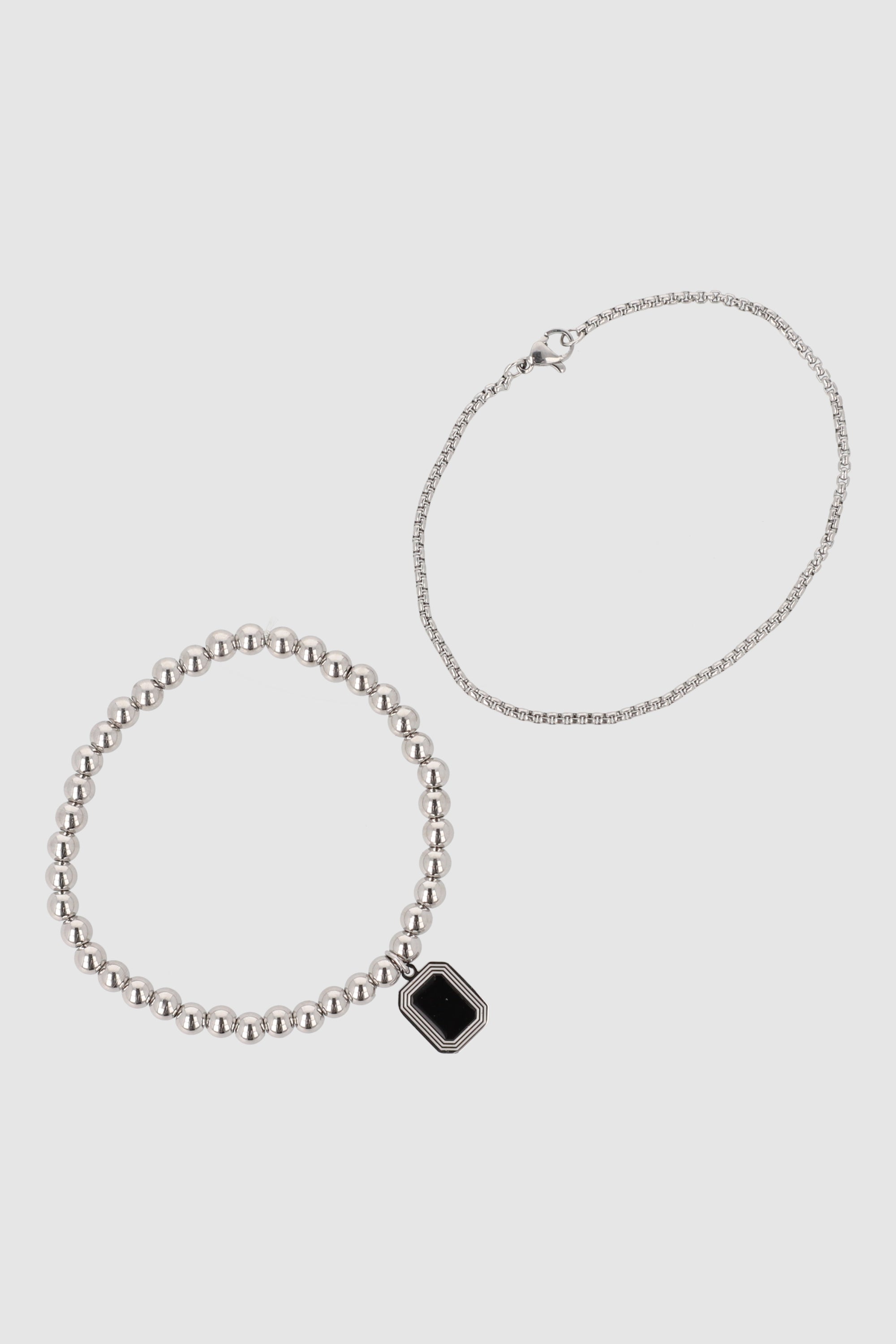 Doble pulsera acero con dije rectangulo PLATA