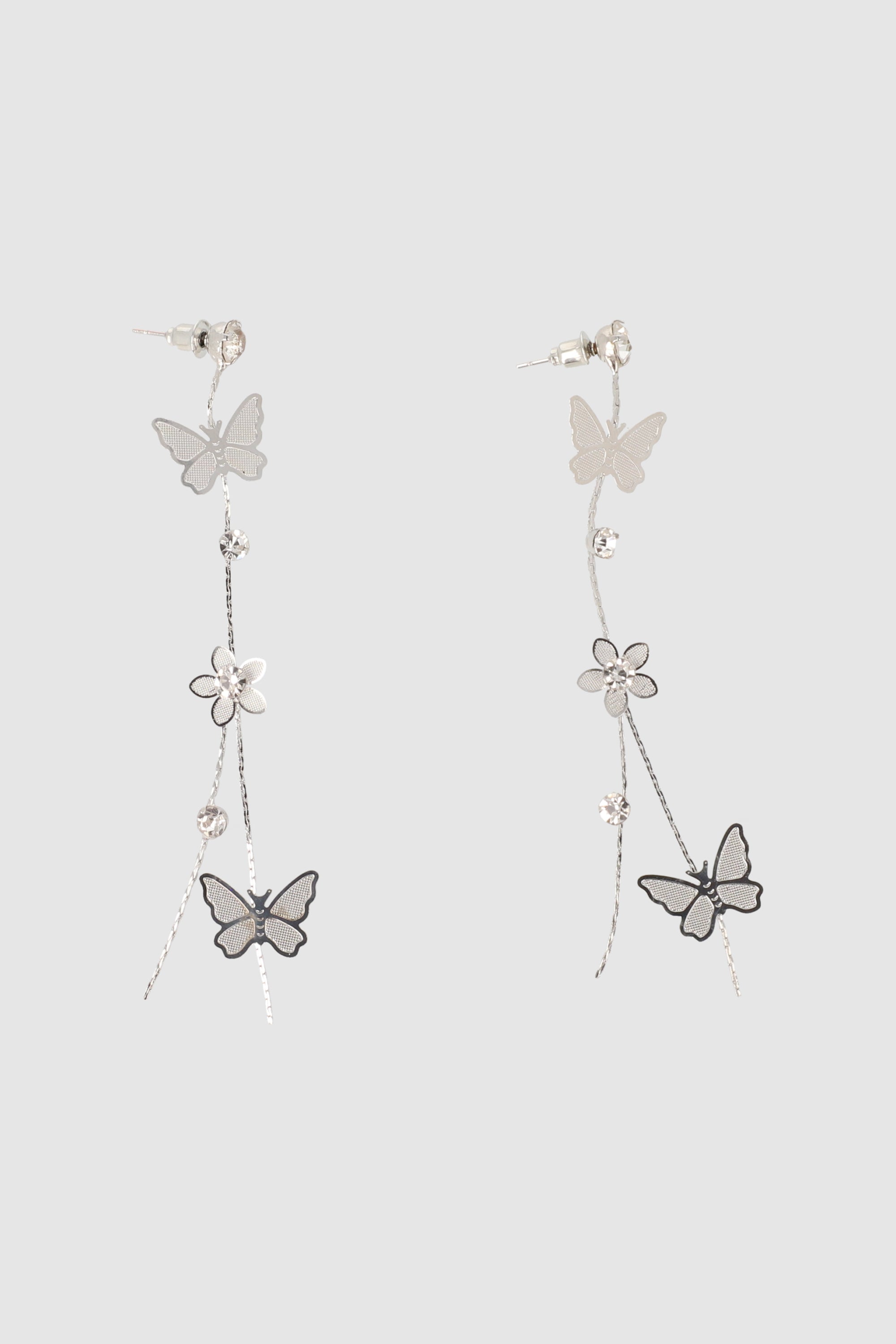 ARETES MARIPOSA FLOR LARGOS PLATA