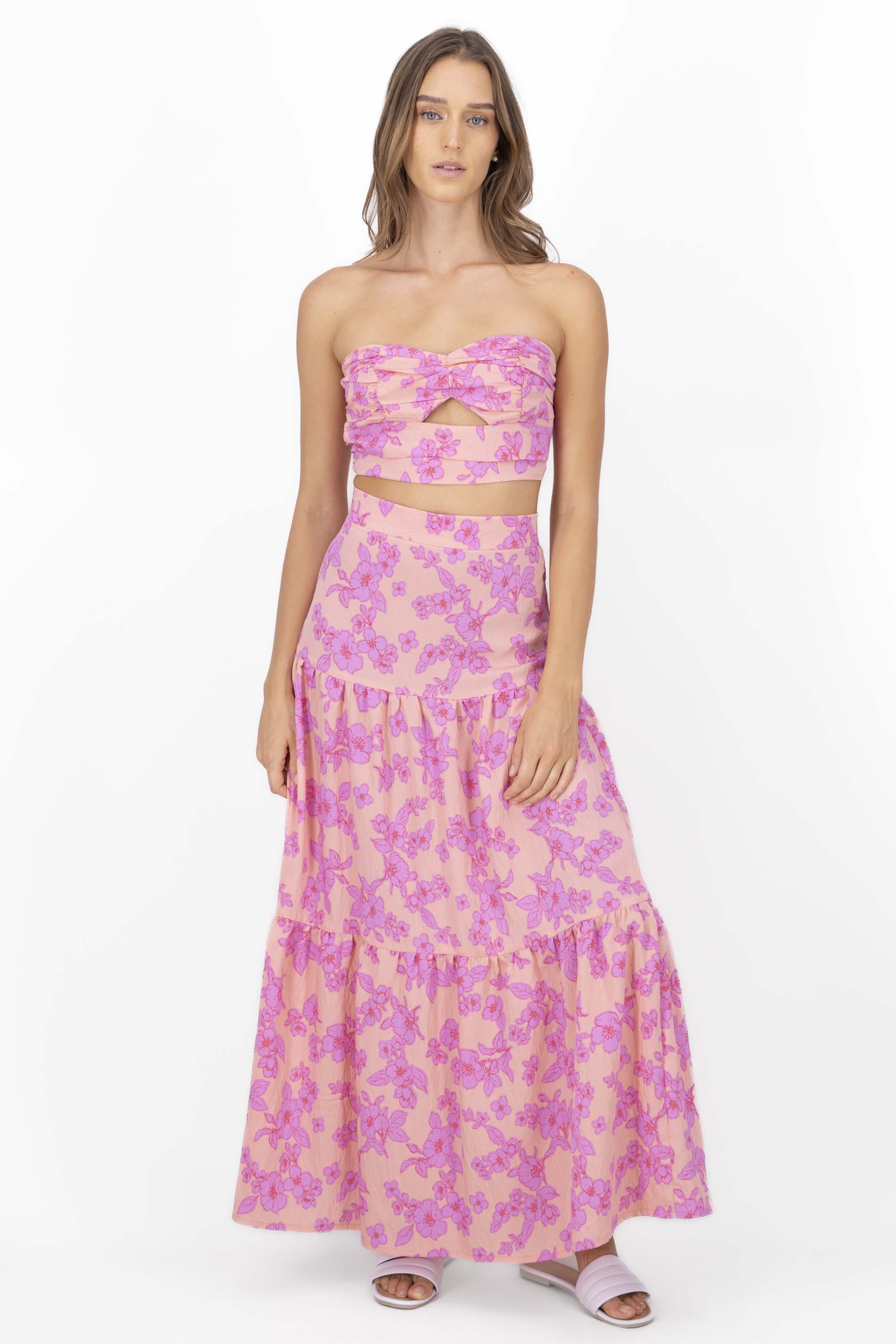 Maxi Skirt Olanes Printed Flowers Rosa Combo