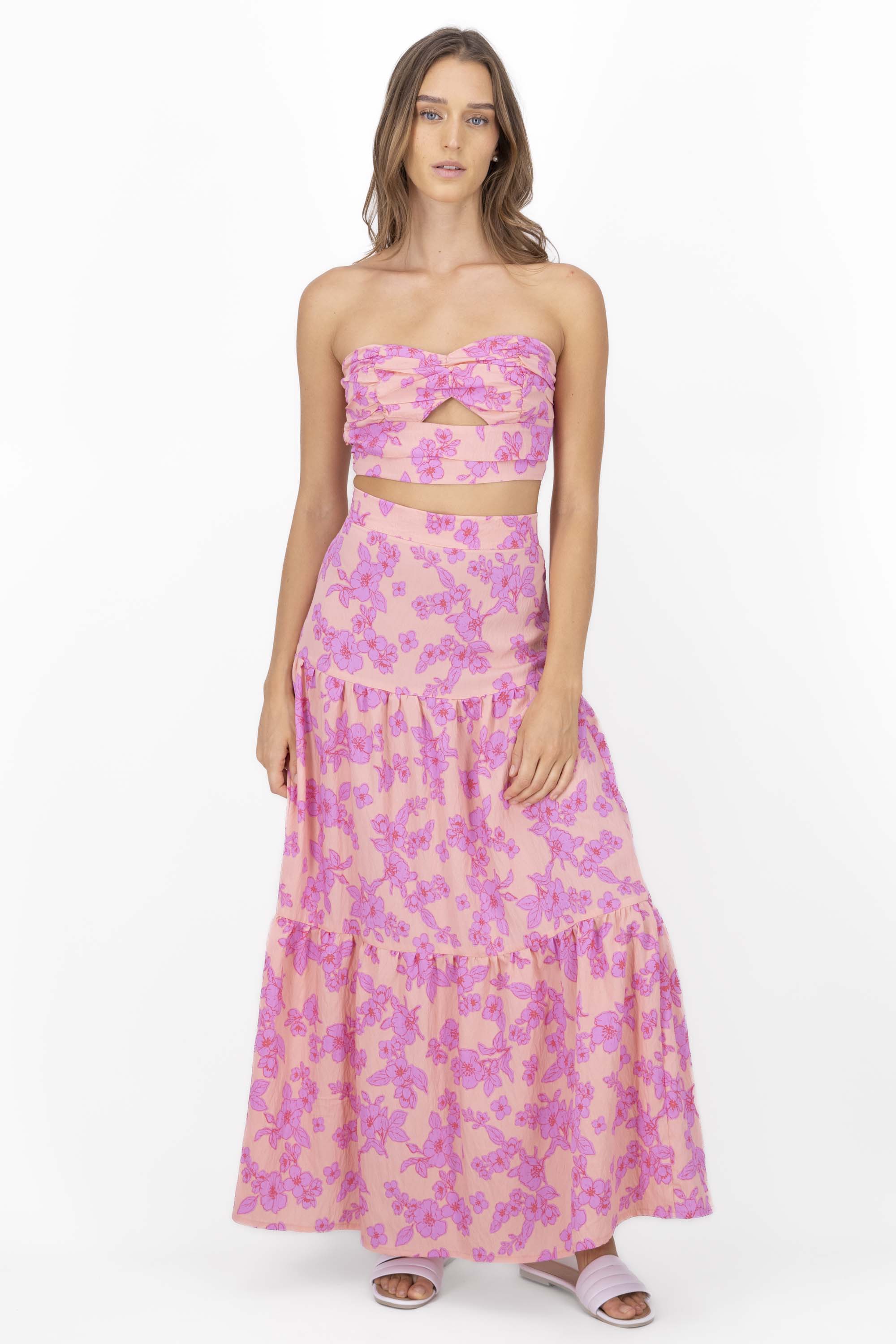 Maxi falda olanes estampada flores ROSA COMBO