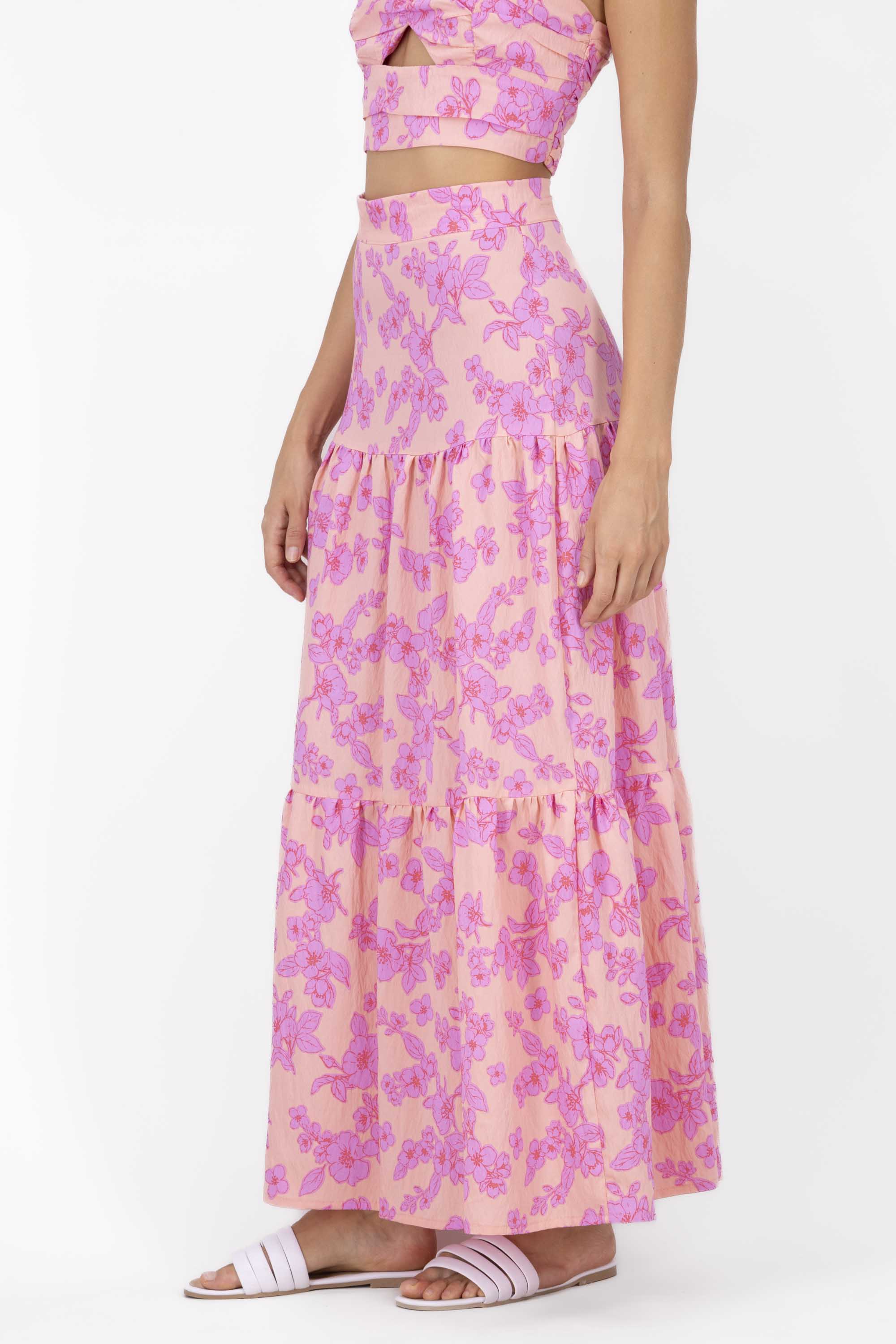 Maxi falda olanes estampada flores ROSA COMBO