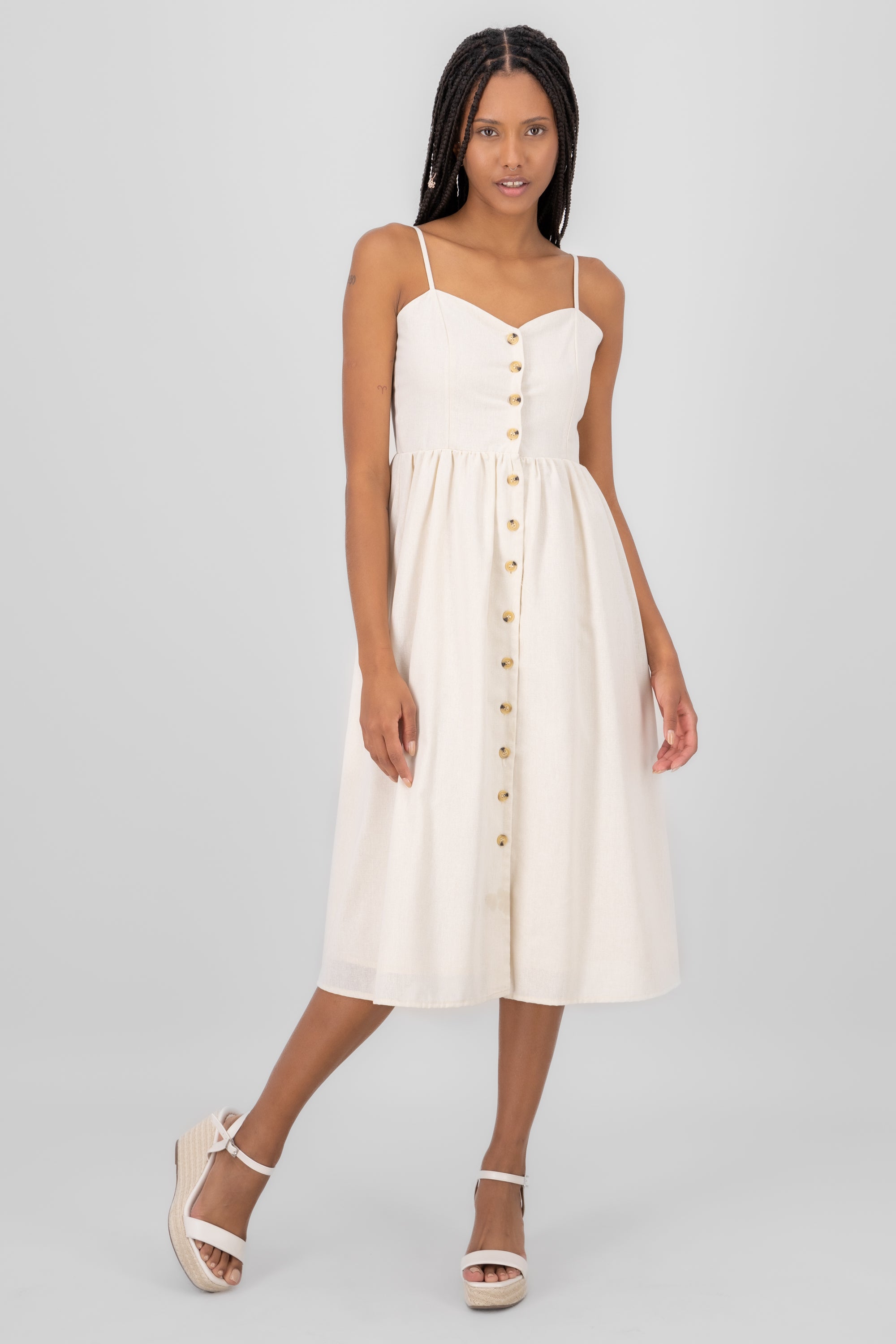 Midi Lino dress with Delgado Hyps strap buttons SAND