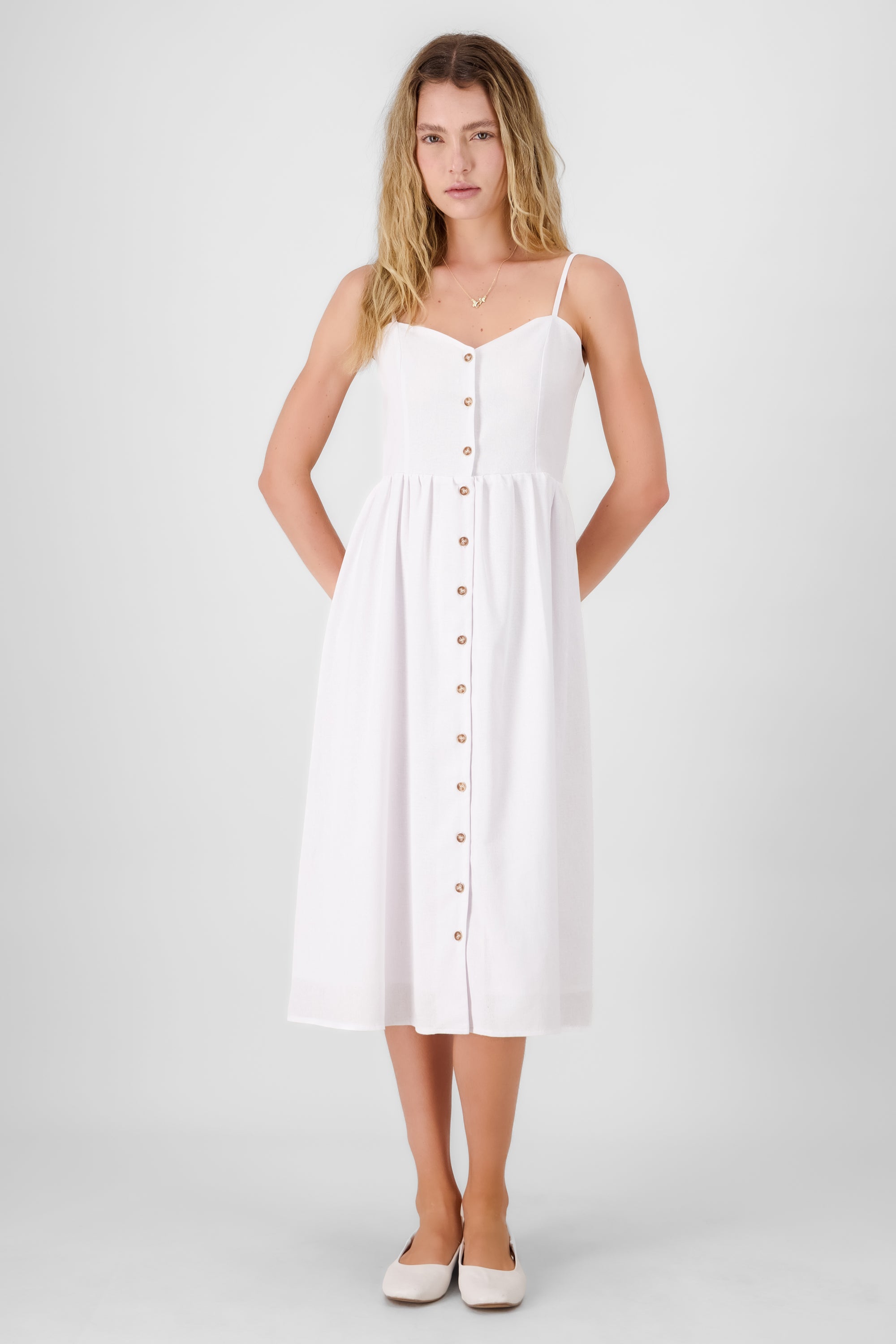 Midi Lino dress with Delgado Hyps strap buttons WHITE