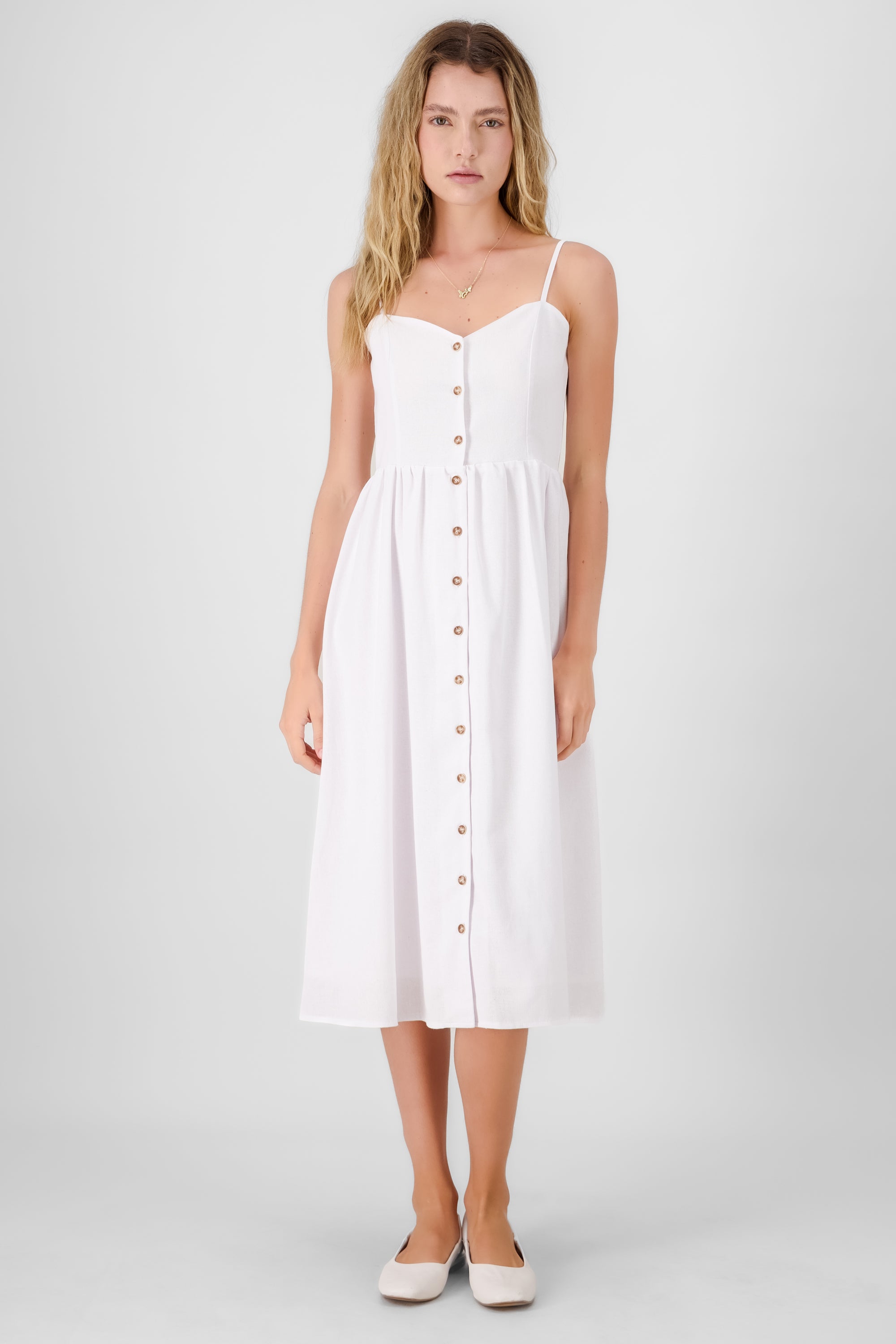 Midi Lino dress with Delgado Hyps strap buttons WHITE