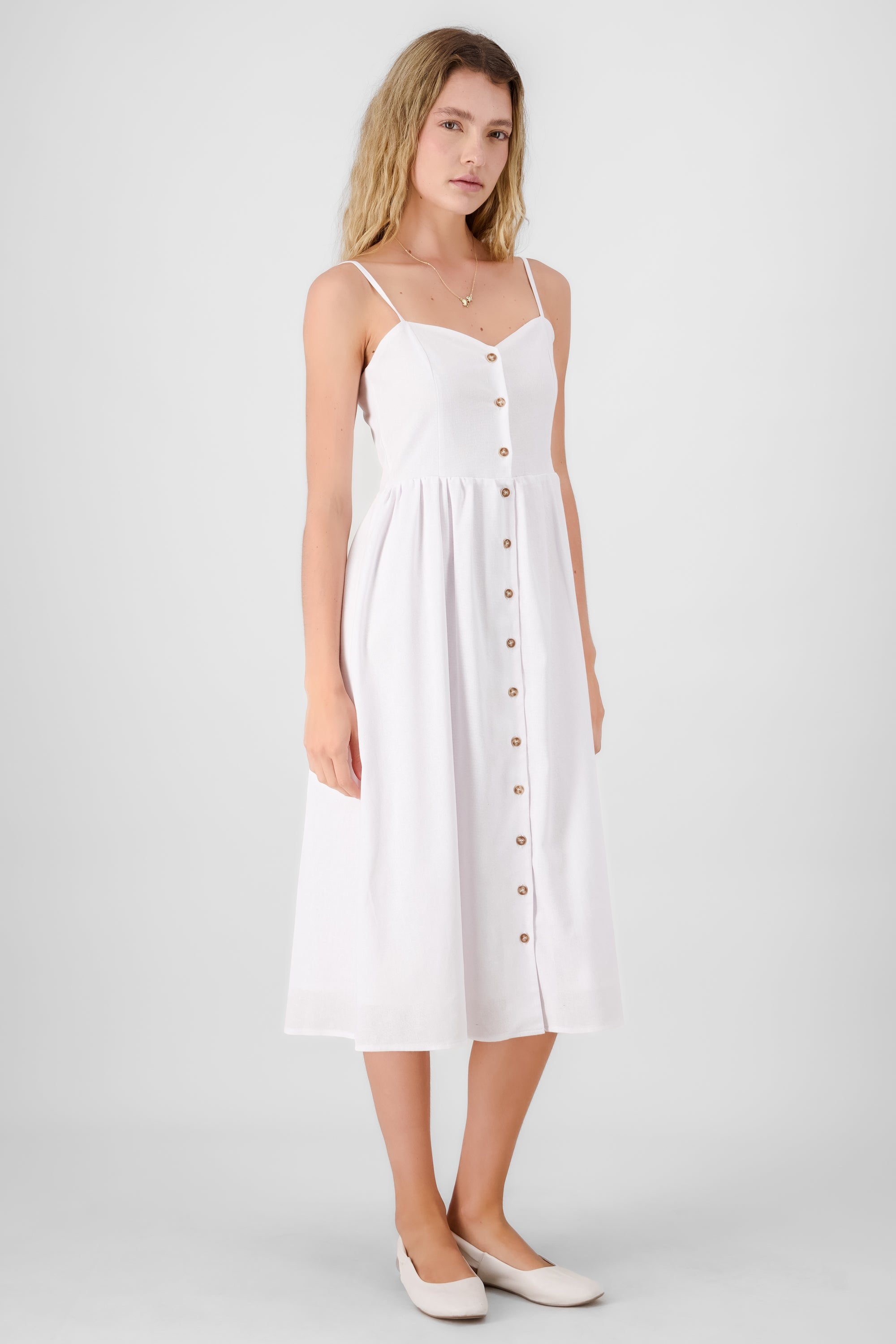 Midi Lino dress with Delgado Hyps strap buttons WHITE