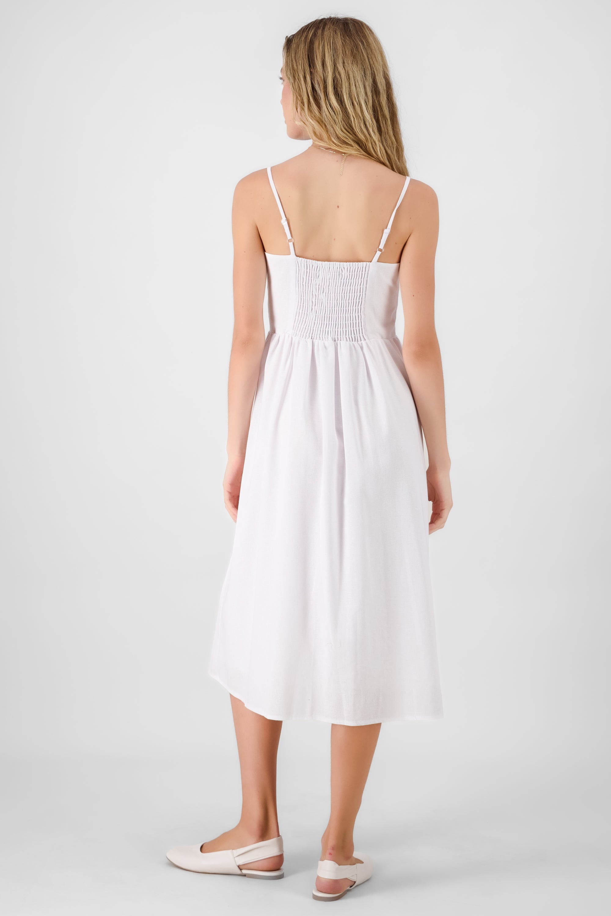 Midi Lino dress with Delgado Hyps strap buttons WHITE