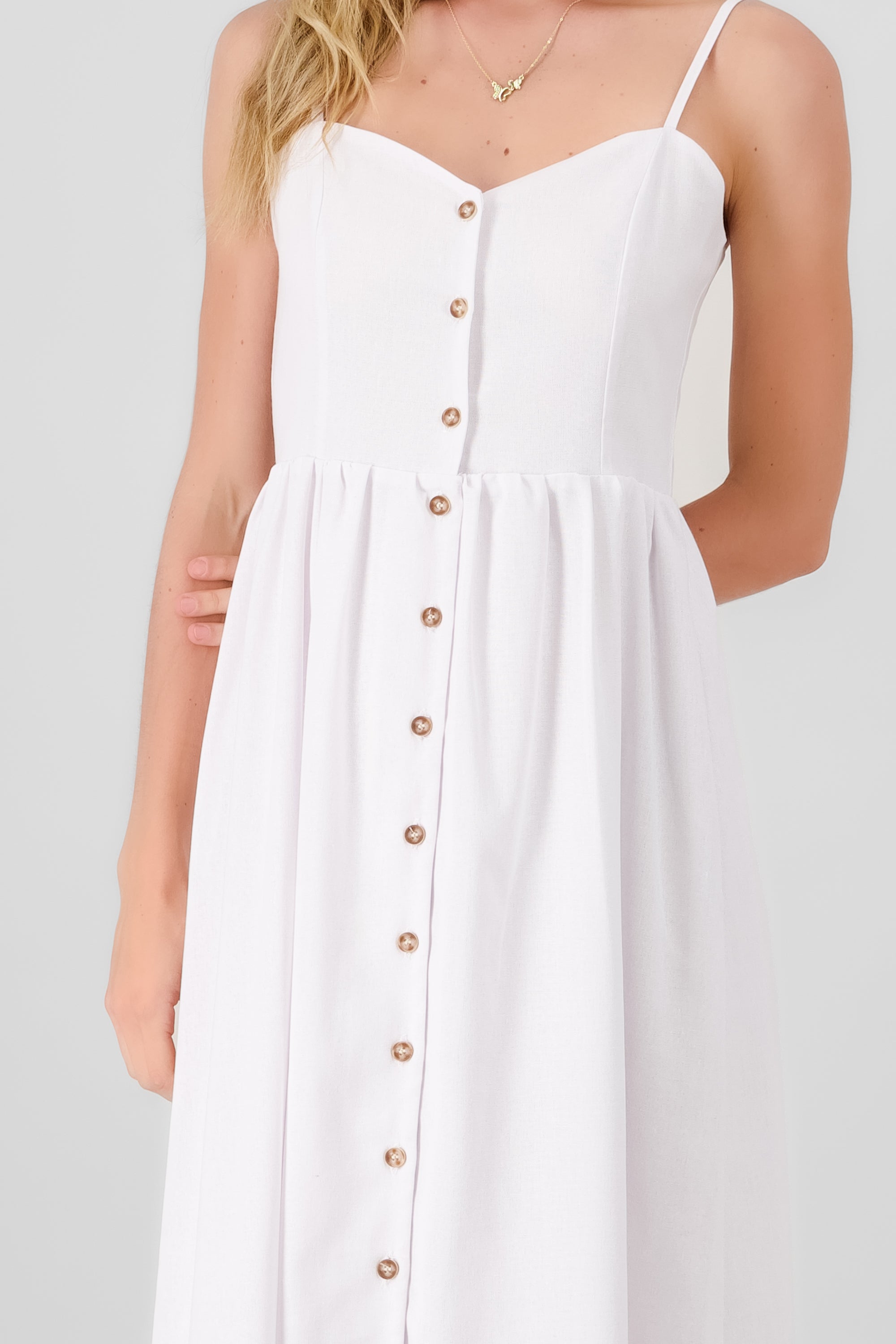 Midi Lino dress with Delgado Hyps strap buttons WHITE